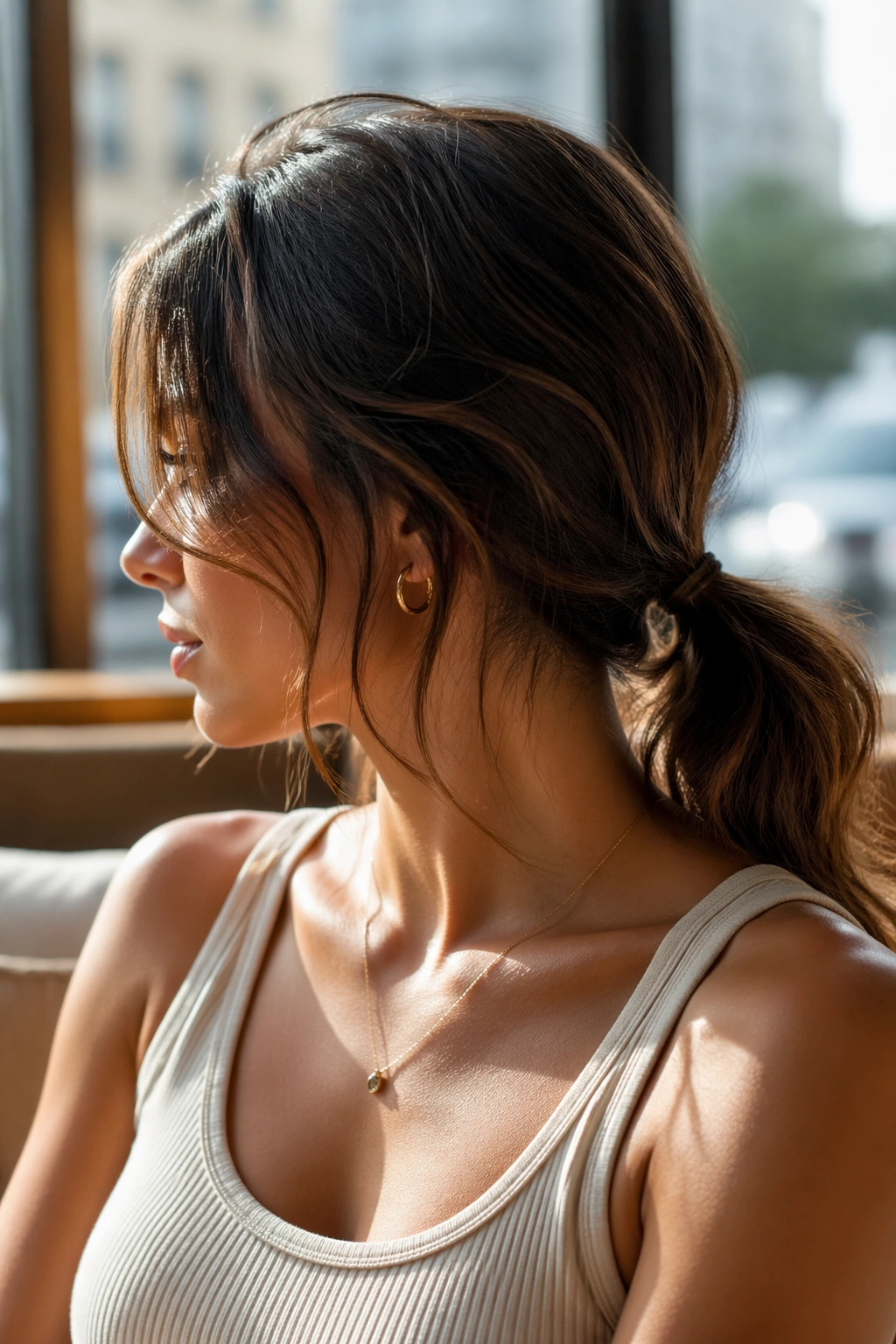 Profile of woman with low nape ponytail and soft crown volume in warm light.