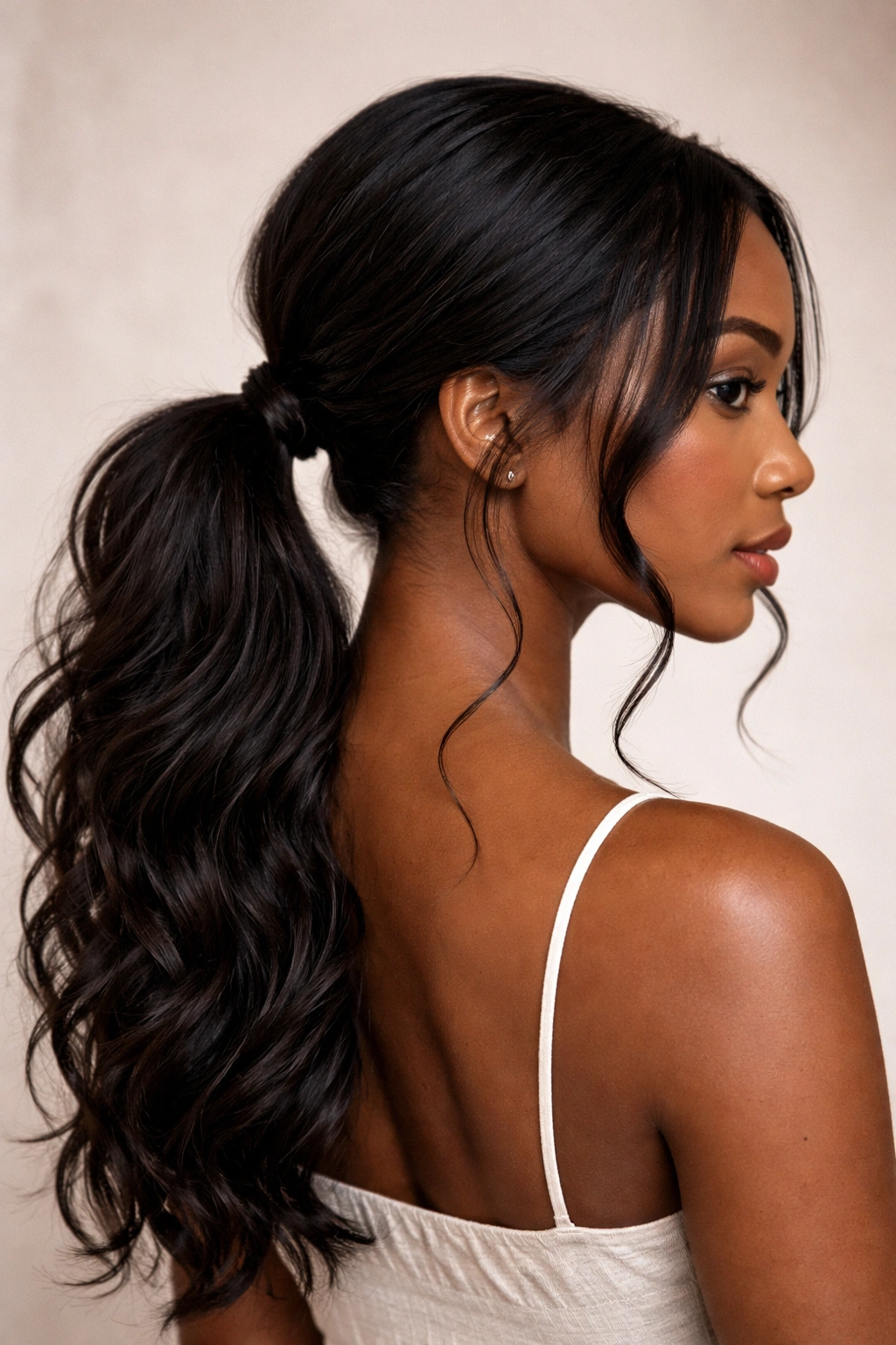 Back and side view of low nape ponytail with face-framing tendrils
