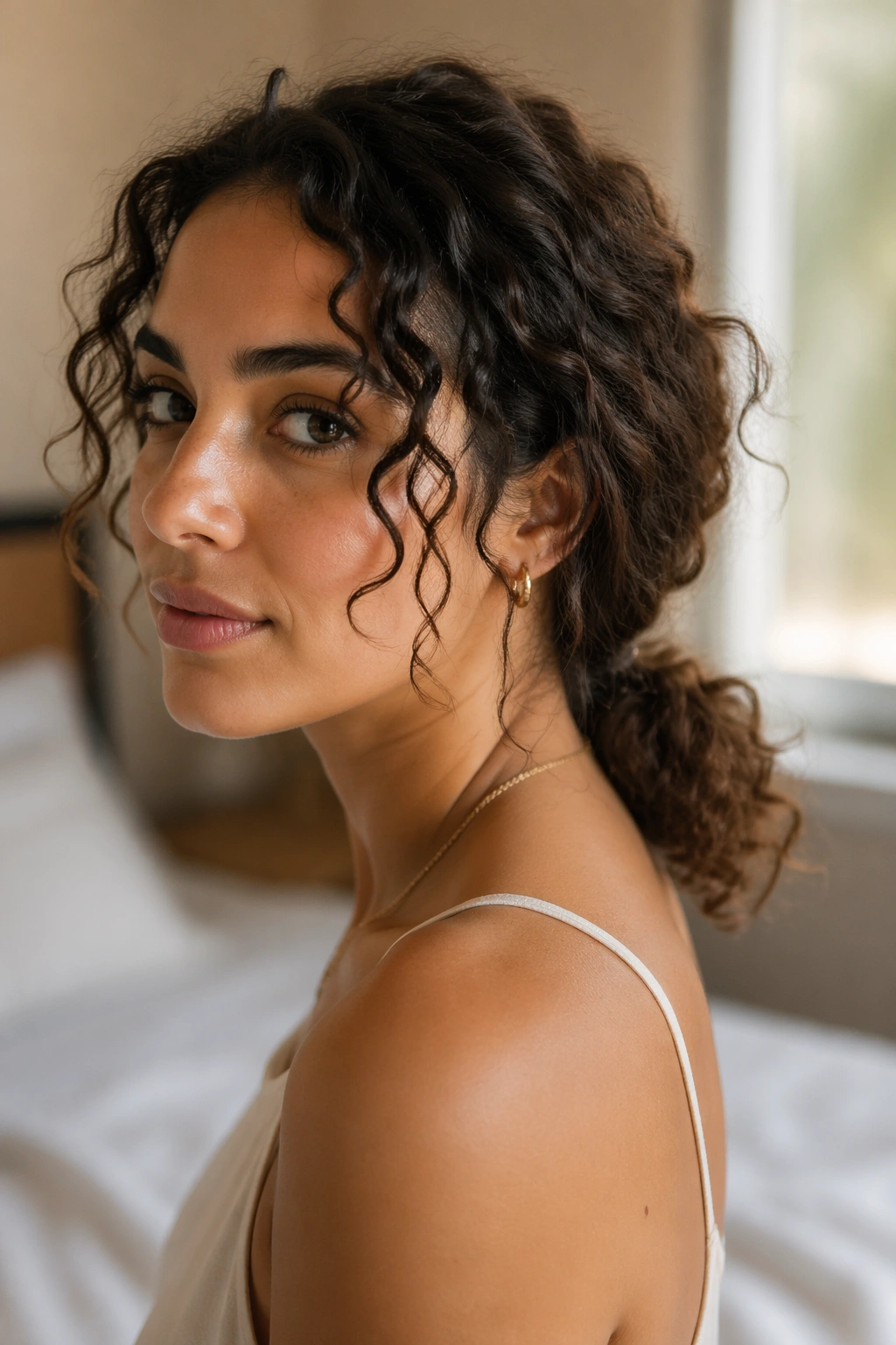 Close-up of a real woman's low nape ponytail with tendrils in soft bedroom light