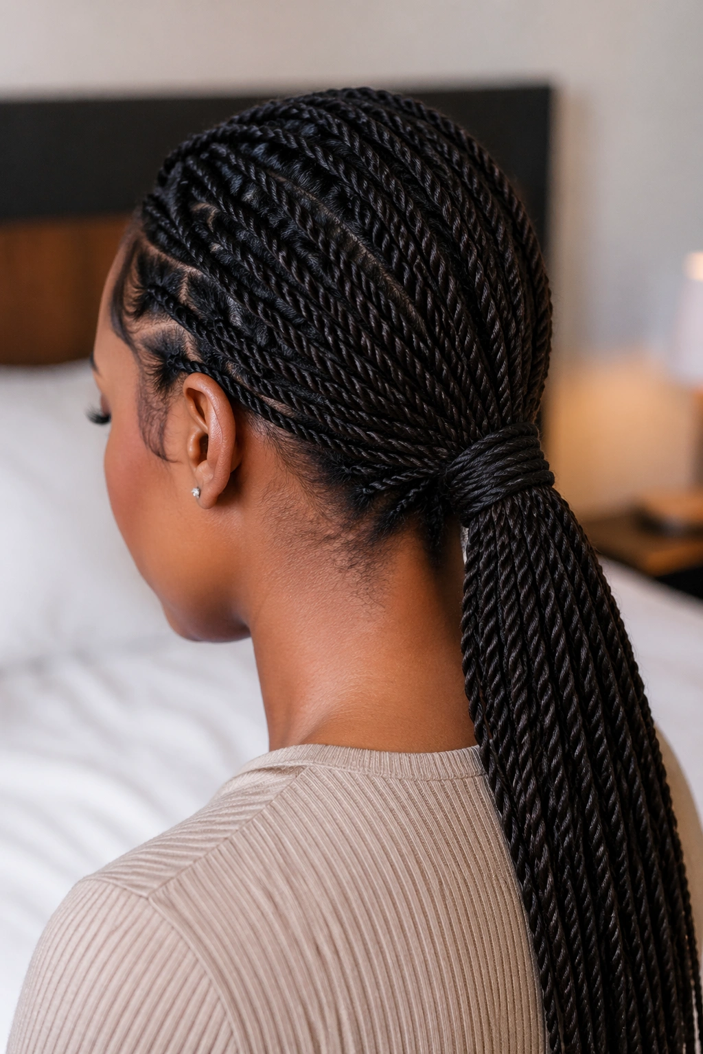 Rear view of a real woman showing a low nape twist braided ponytail wrapped at the base.