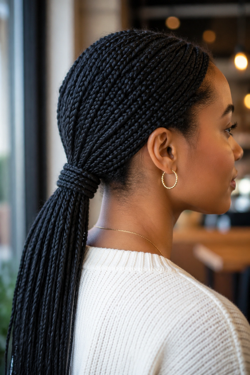 Profile view of a woman with a low nape ponytail wrapped base.