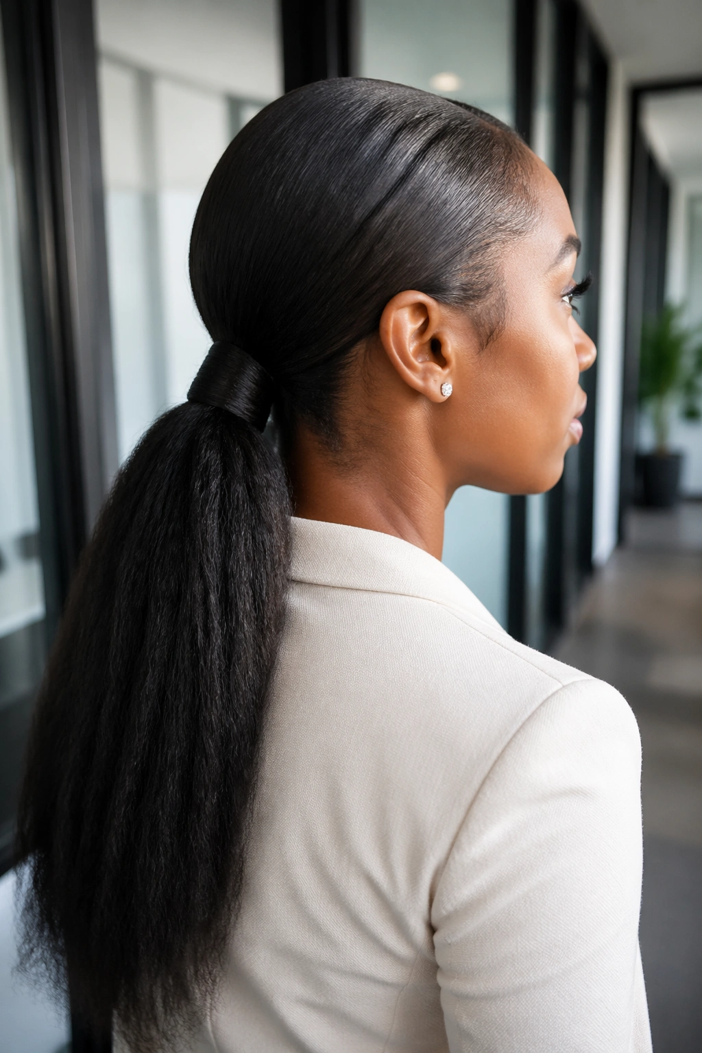 Close-up of a Black woman with a low-nape ponytail in yaki texture