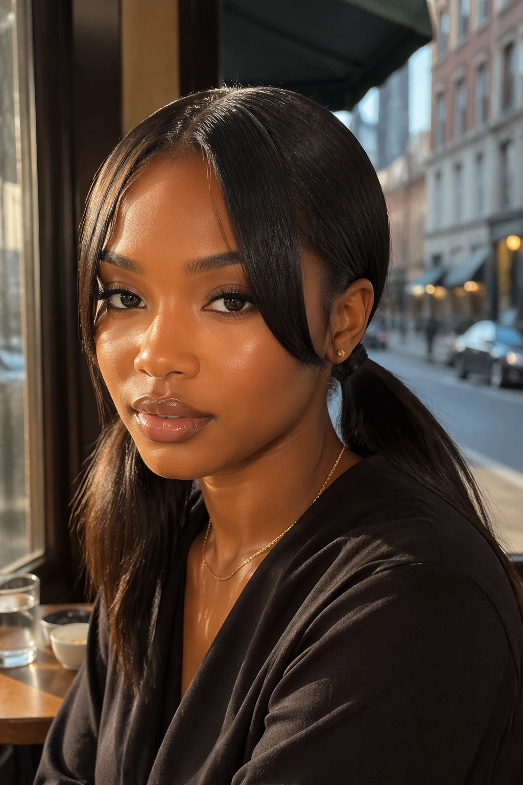 Real woman with low nape twin ponytails and sleek middle bangs in a cafe setting