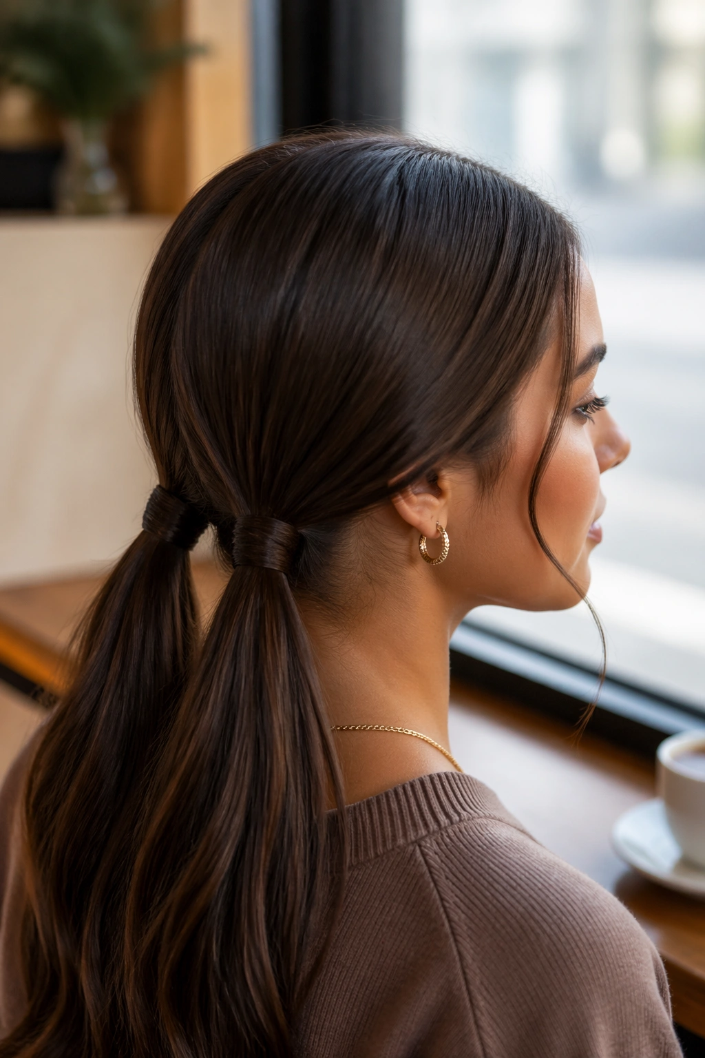 Profile of a real woman with two low nape ponytails with wrapped bases