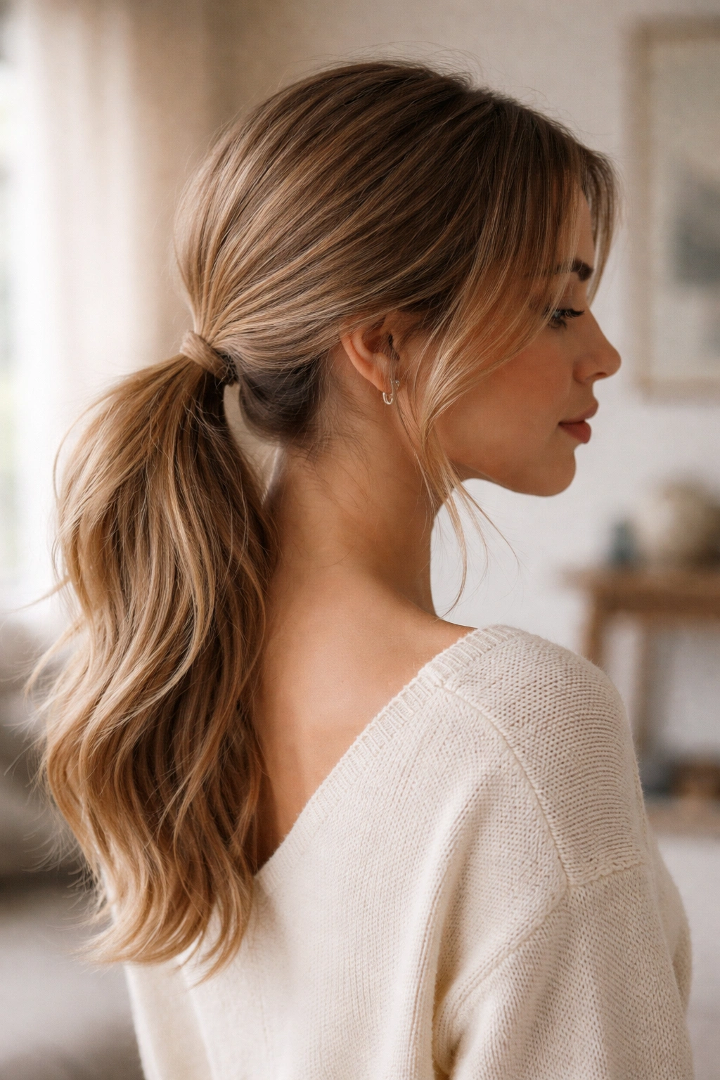 Low nape side ponytail resting behind the ear