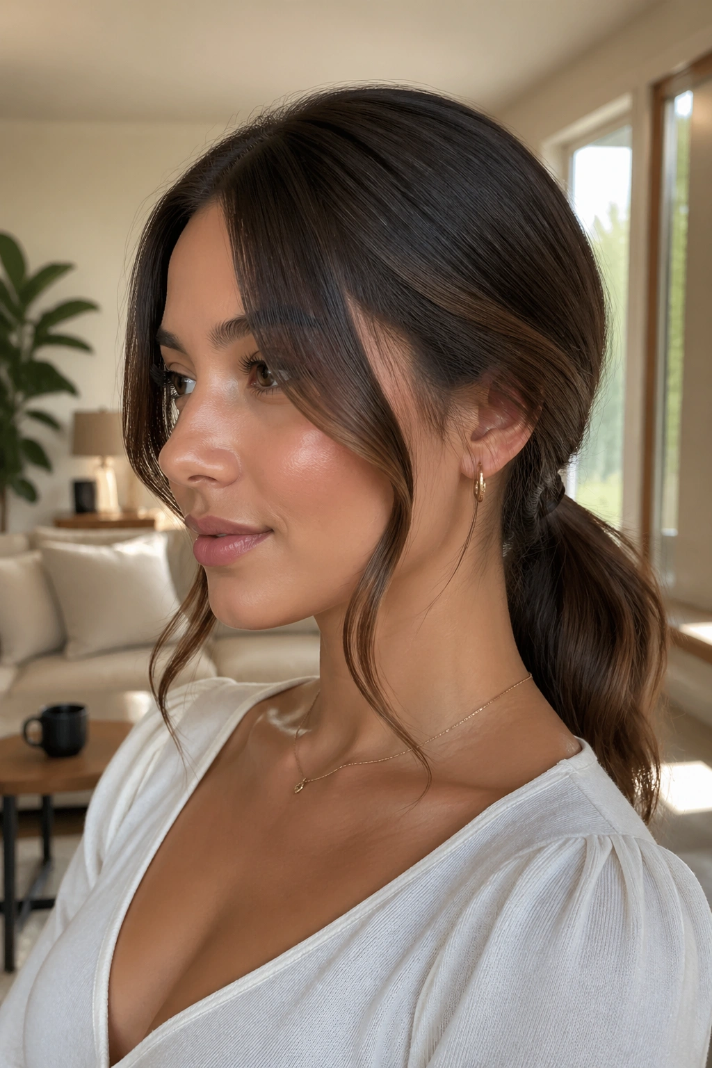 Real woman with a low nape swoop ponytail and soft front swoops