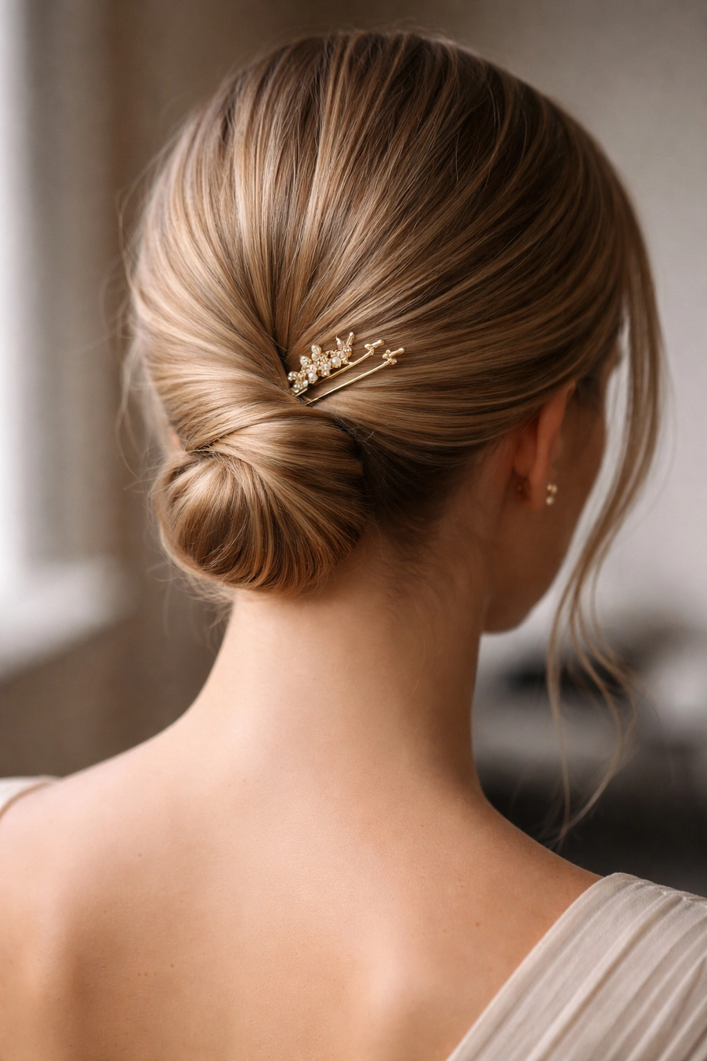 Low-nape twist with knot secured by decorative hair fork