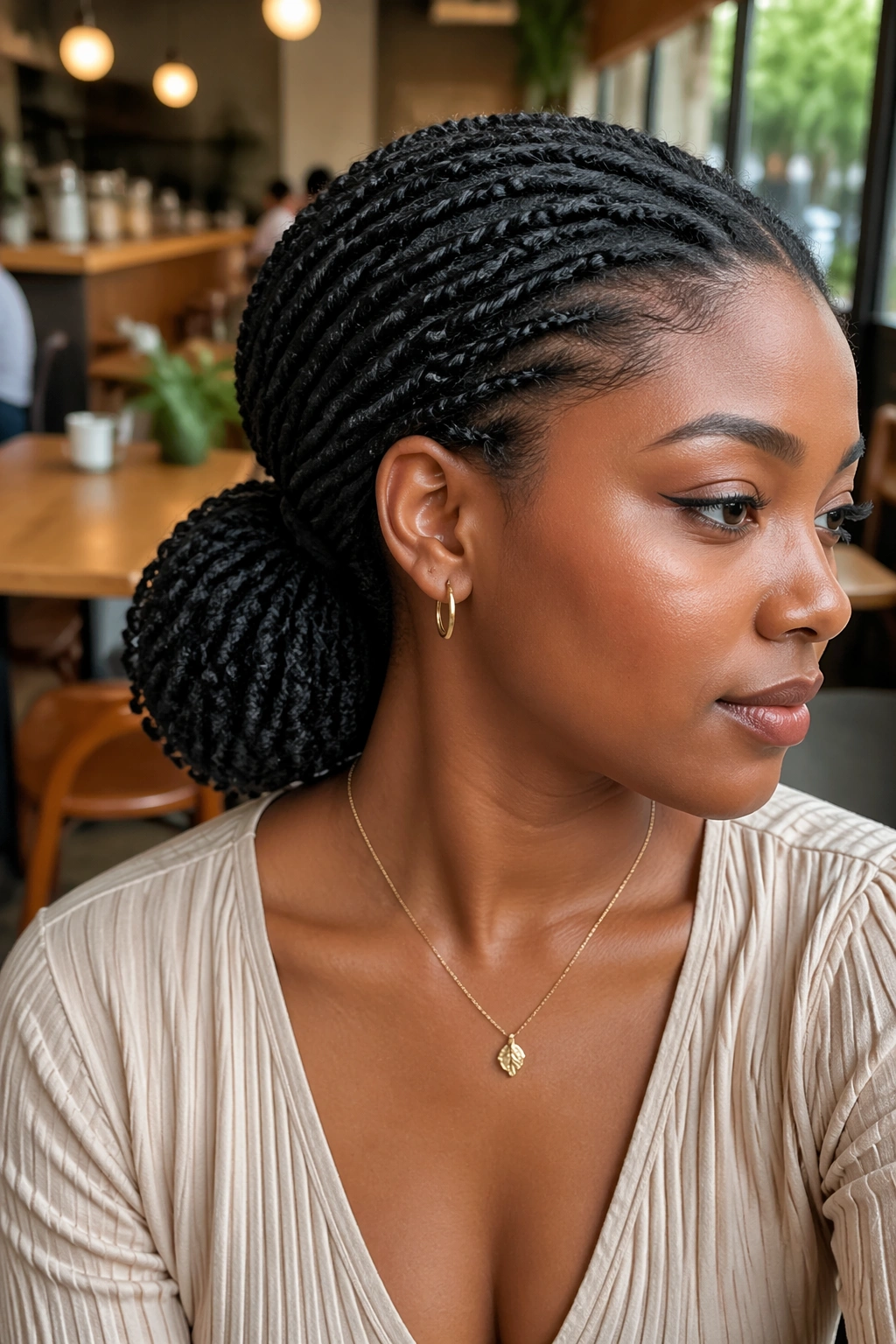 Close-up of low nape twist ponytail on a real woman in a cafe setting