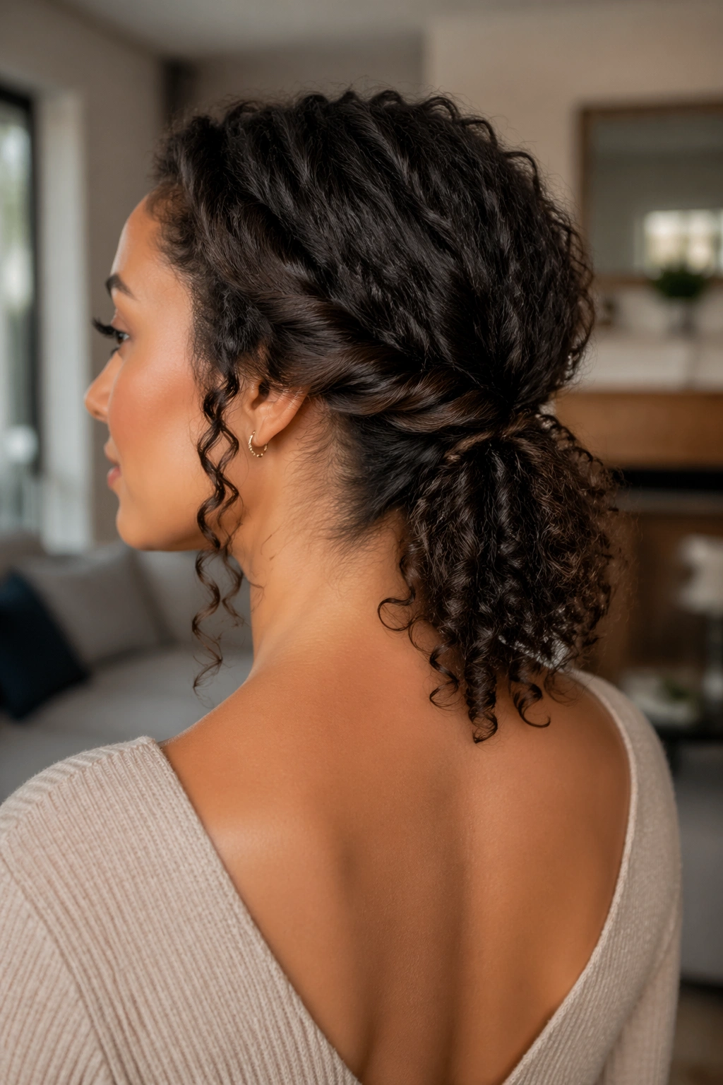Portrait of a real woman showing low nape twists leading into a faux ponytail