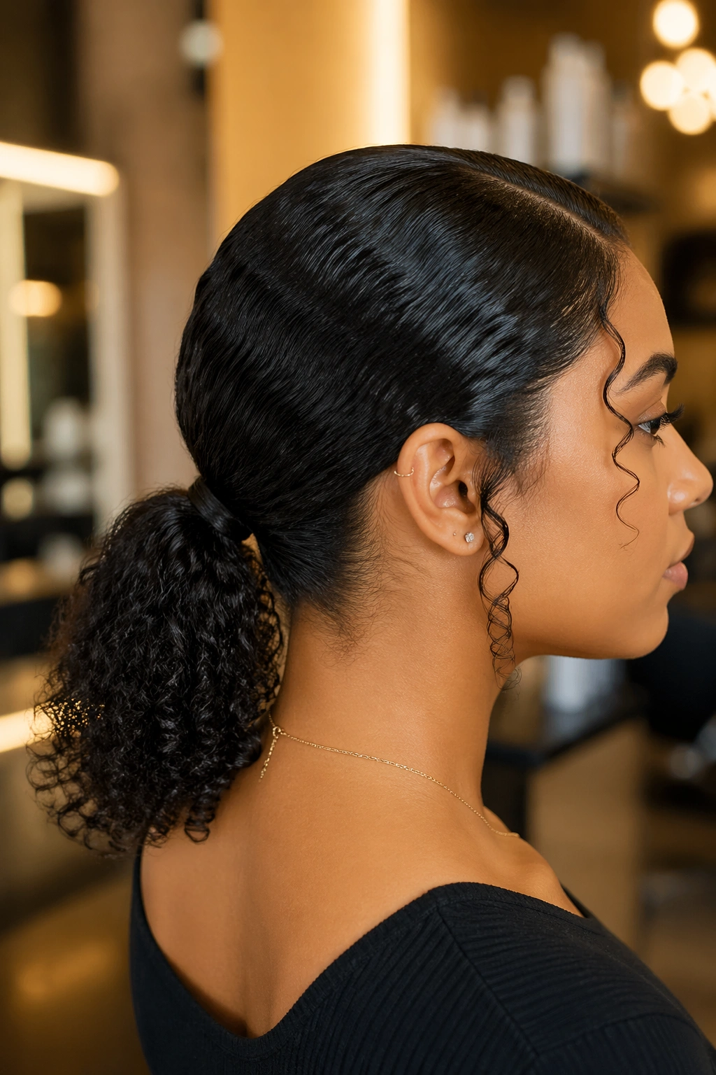 Close-up of real person with a low nape V-part ponytail.