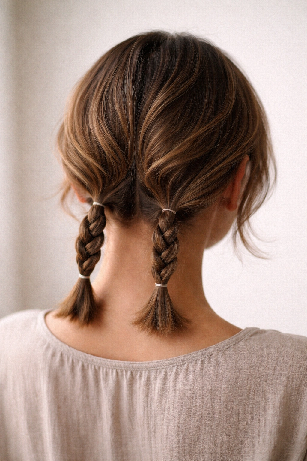 Back view of a short hairstyle with two low braids at the neck