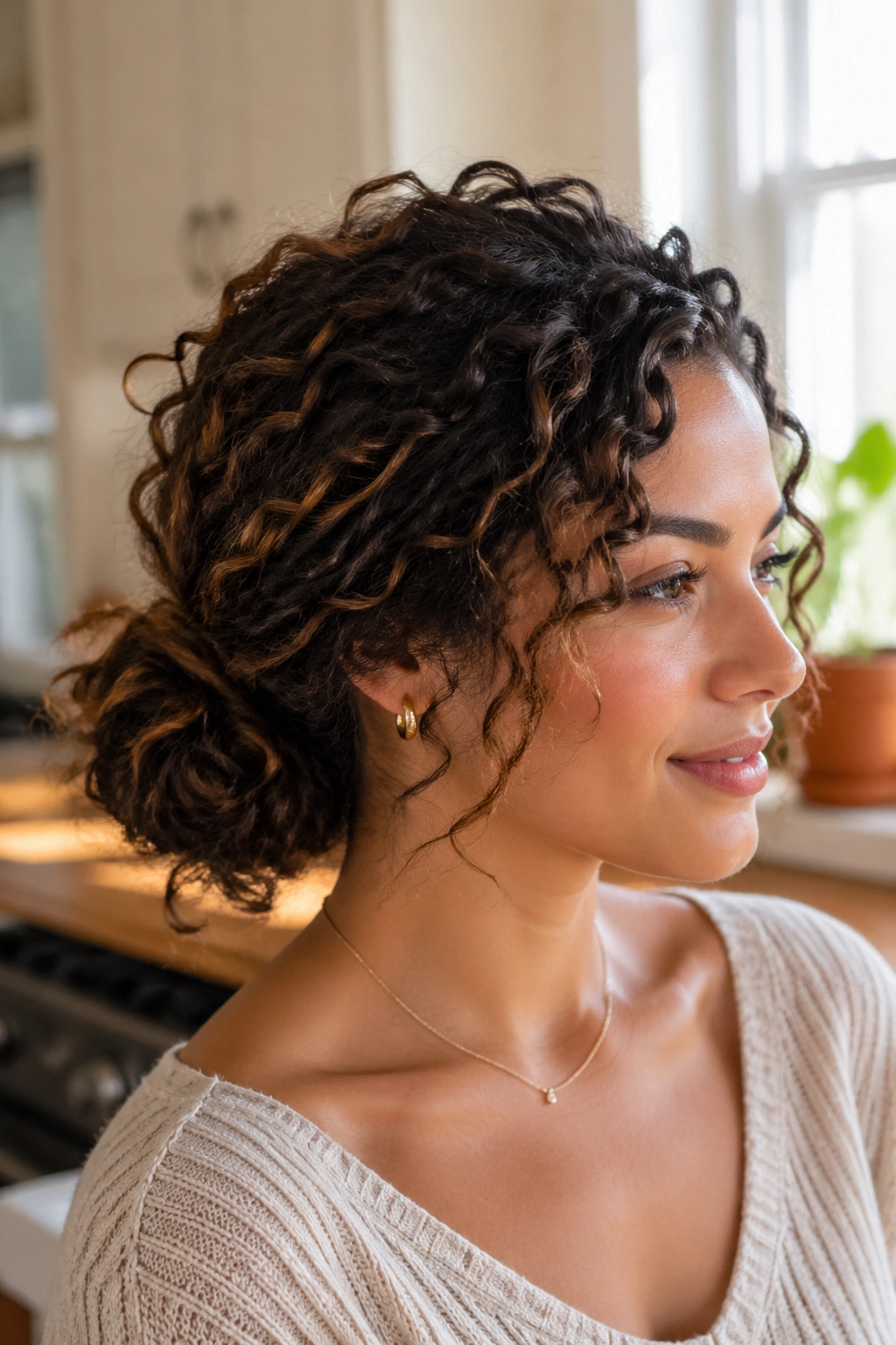 Real woman with a low pineapple twist bun at the nape, curls framed by a soft crown, warm kitchen light