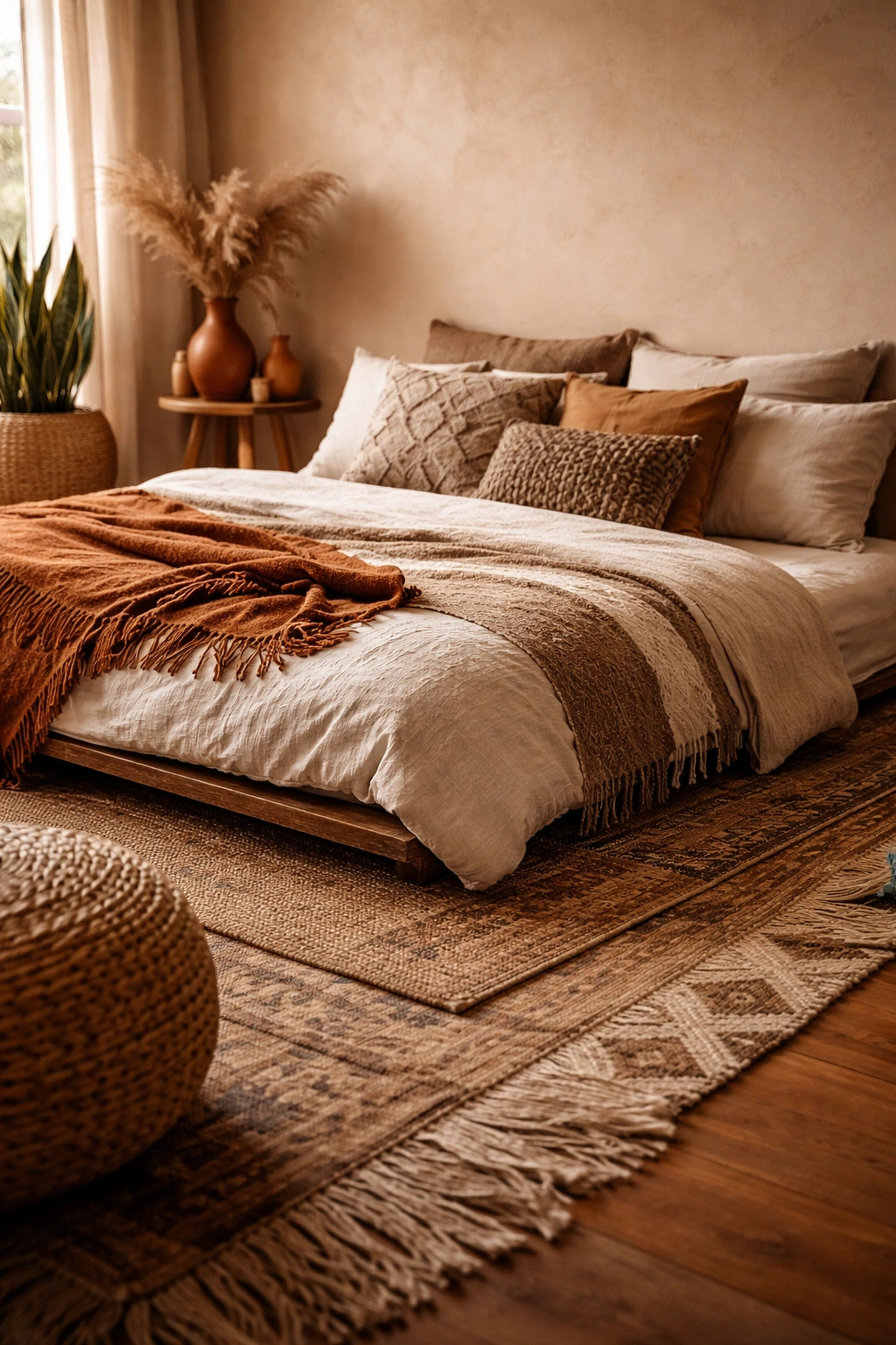 Low-profile bed directly on the floor with layered textiles and rugs