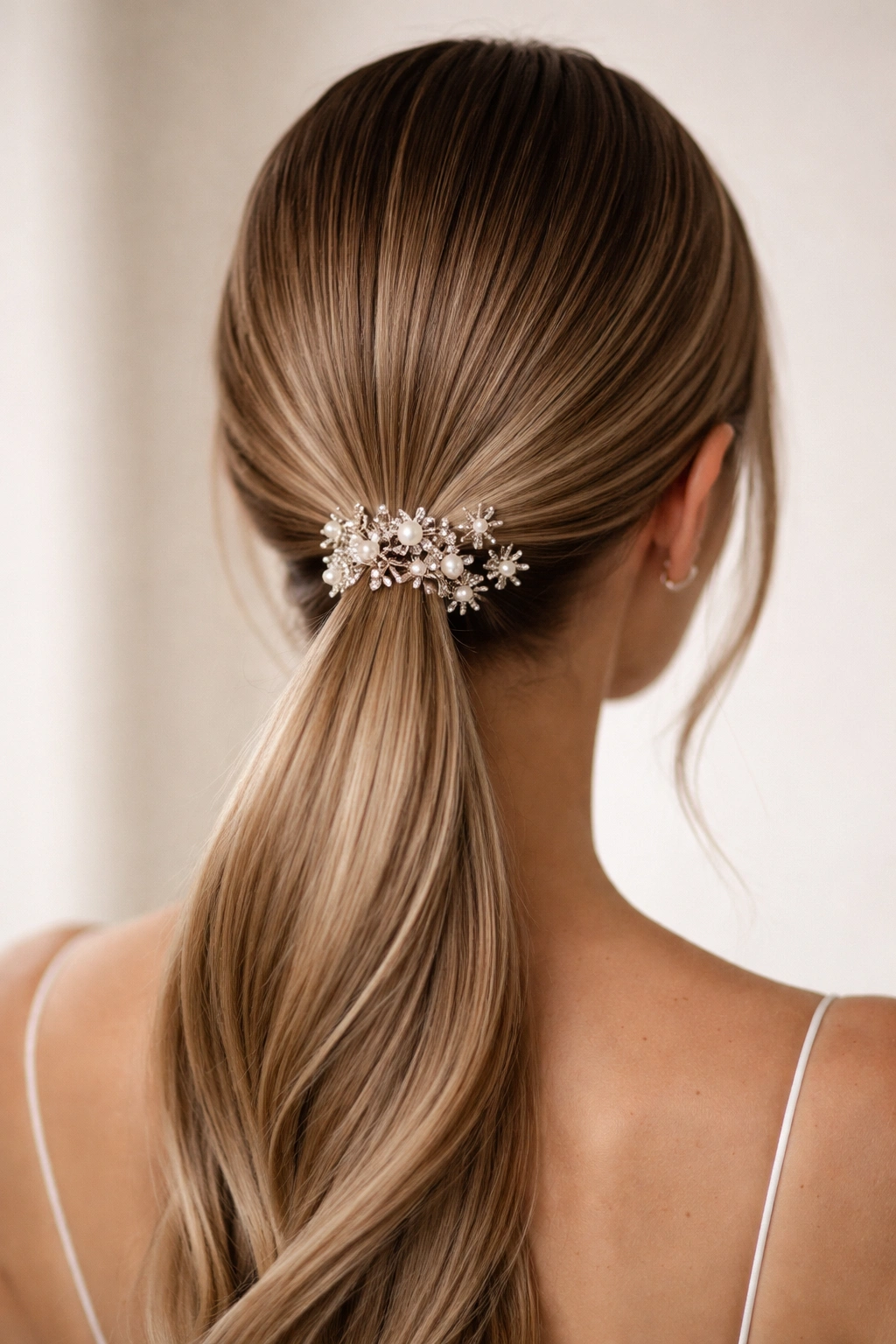 Low ponytail with decorative pins along the base