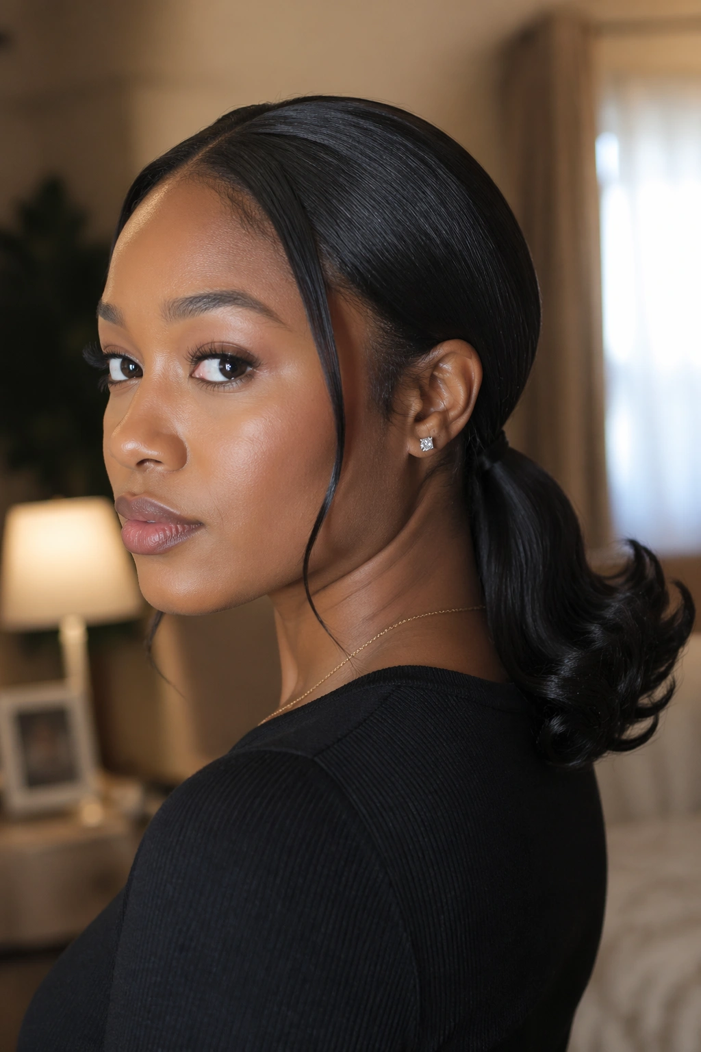 Close-up portrait of a real person with a low ponytail and flipped curled ends