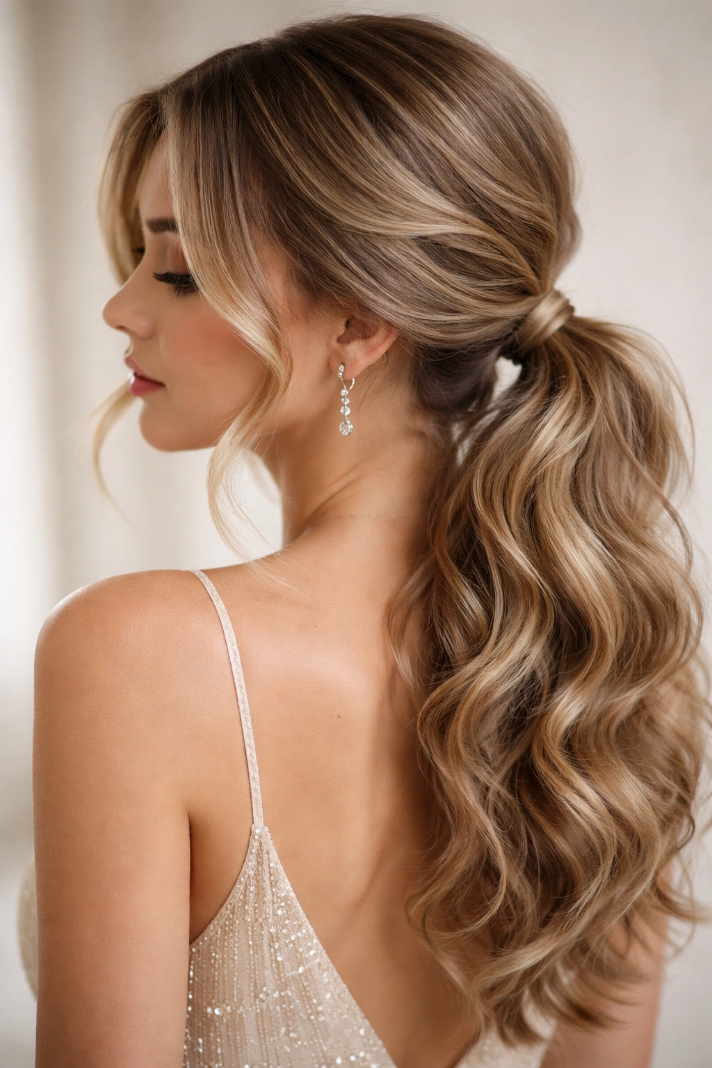 Low ponytail with loose beachy waves and face-framing pieces.