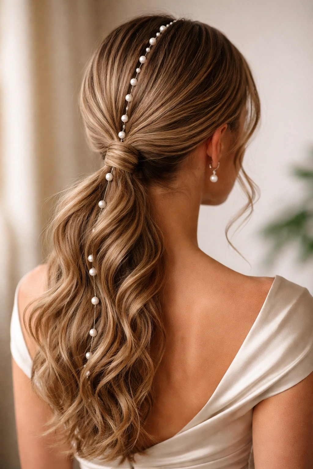 Low ponytail with pearl accents along the part line