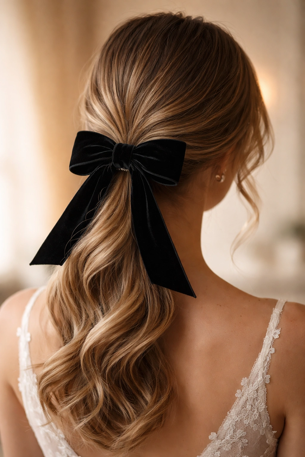 Low ponytail with a velvet ribbon bow over the elastic