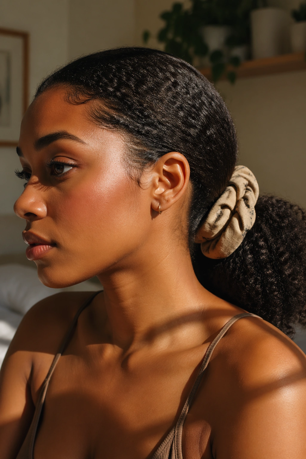 Close-up of a real person with a low pony and chunky fabric scrunchie