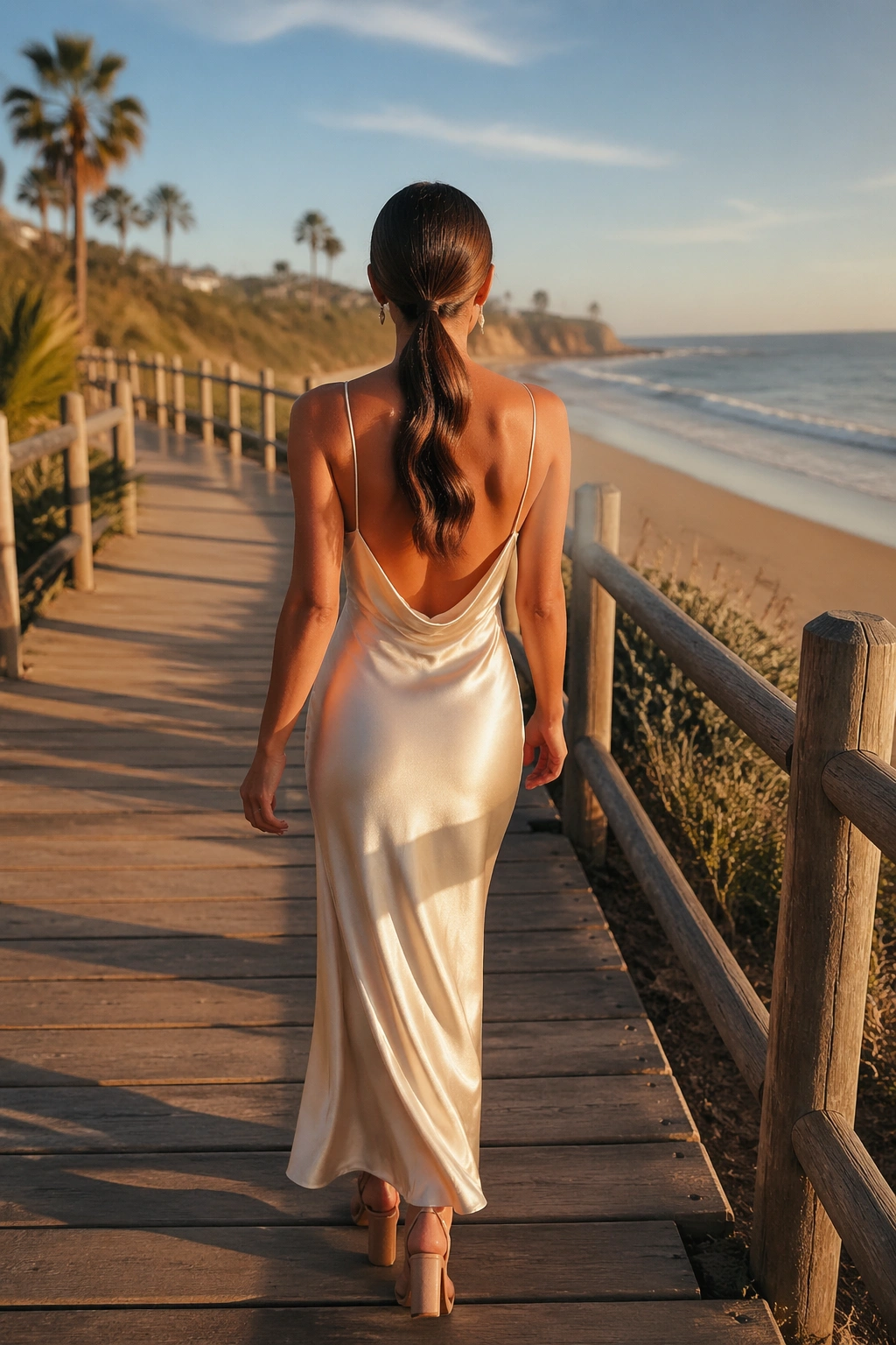 Soft wrapped low ponytail on beach boardwalk at golden hour