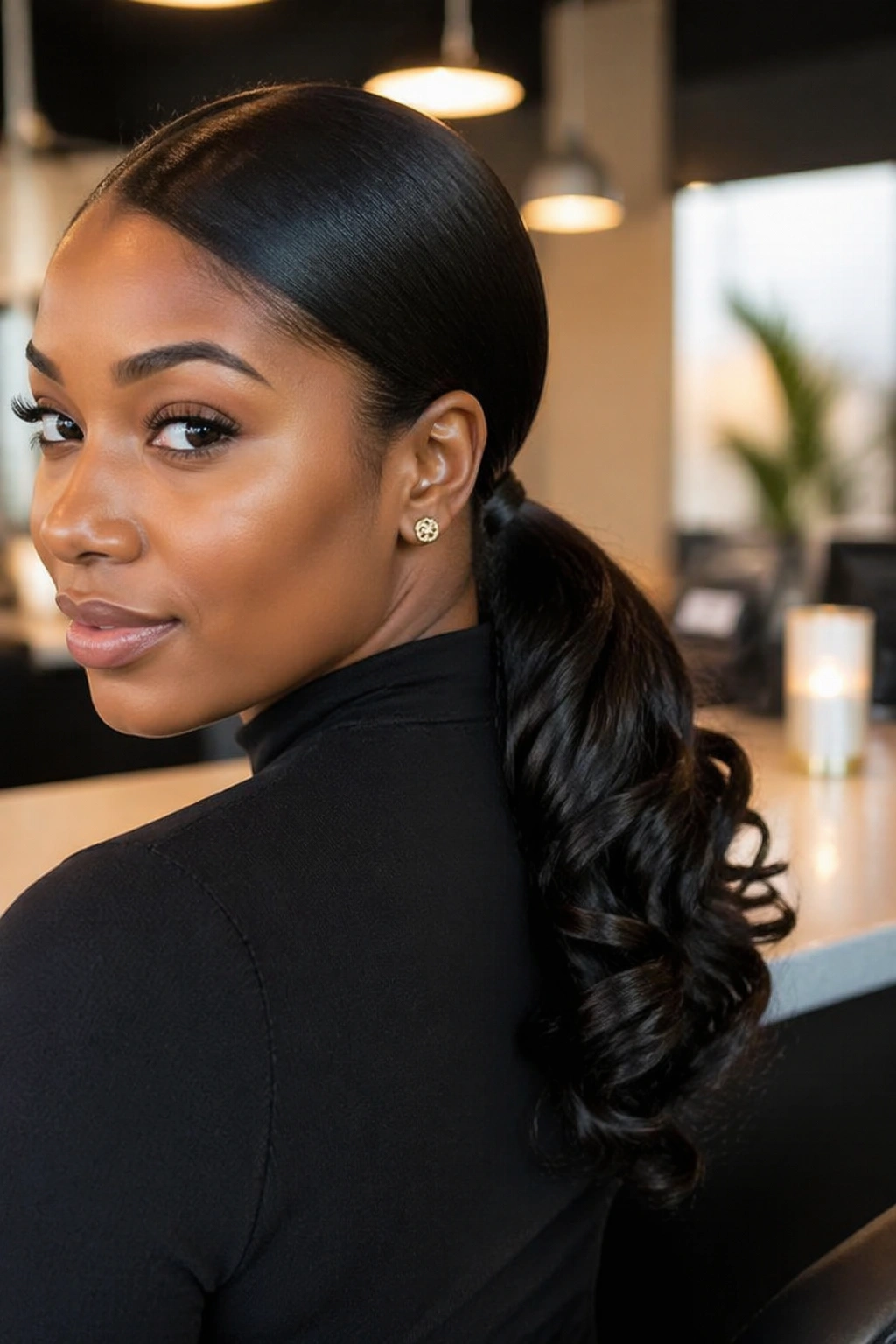 Real woman with a low ponytail and barrel-curled ends