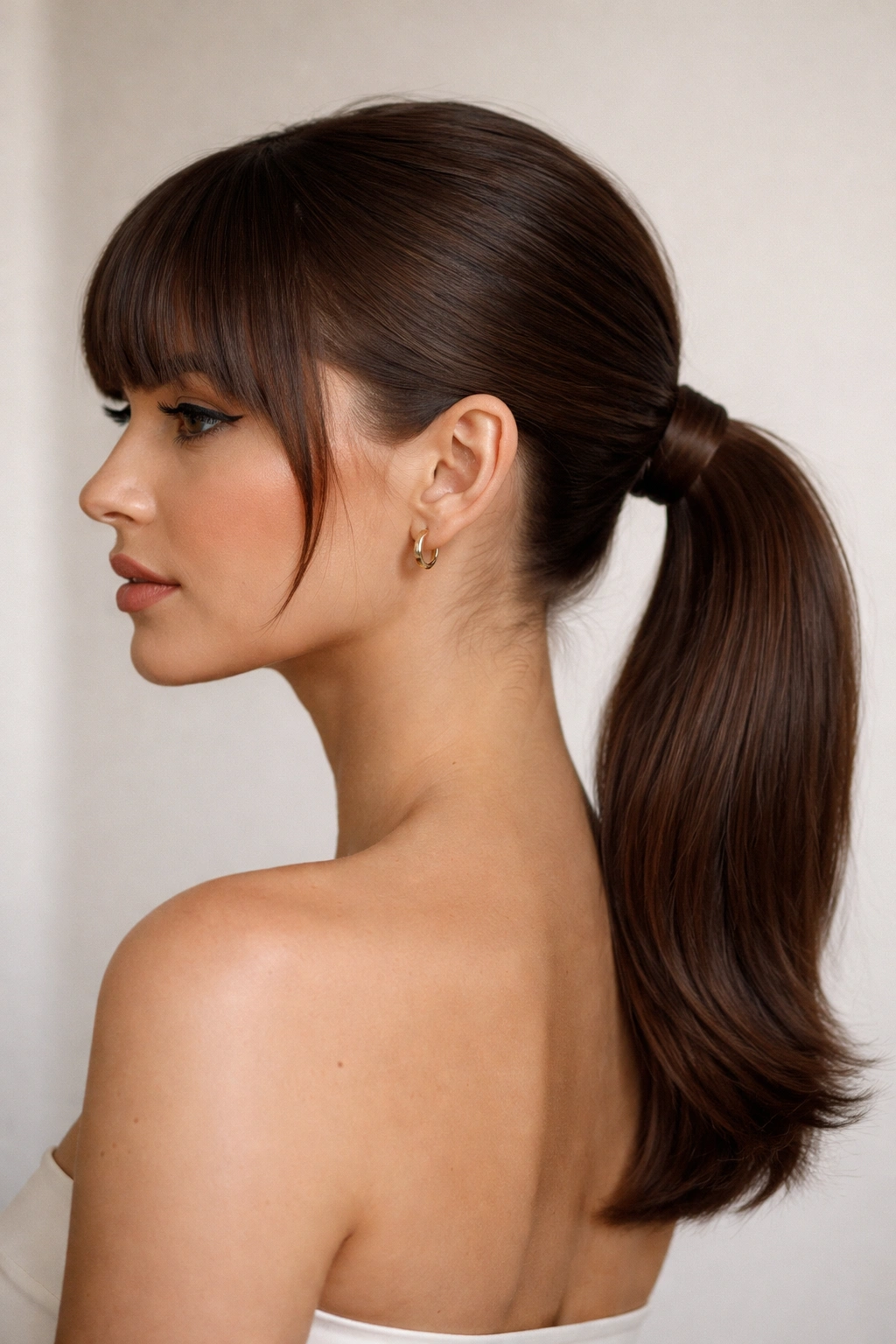 Profile view of low wrapped ponytail with blunt bangs showing clean wrap and straight fringe