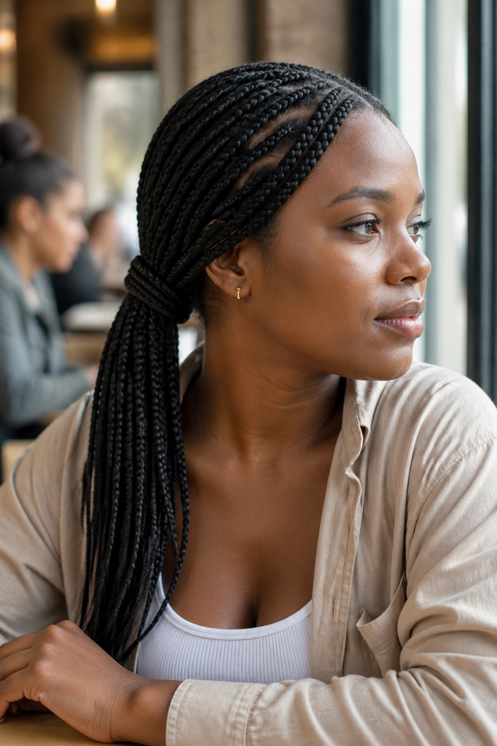 Real woman with a low ponytail of box braids at the nape in cafe light.