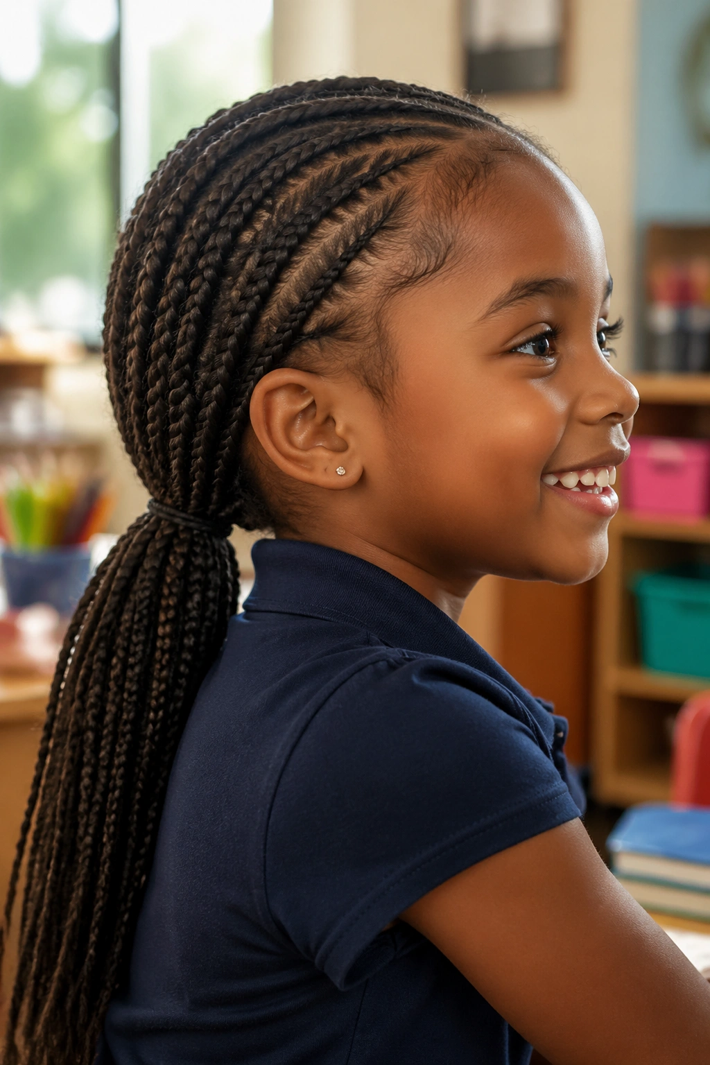 Close-up of a real child with low-ponytail box braids in a calm setting