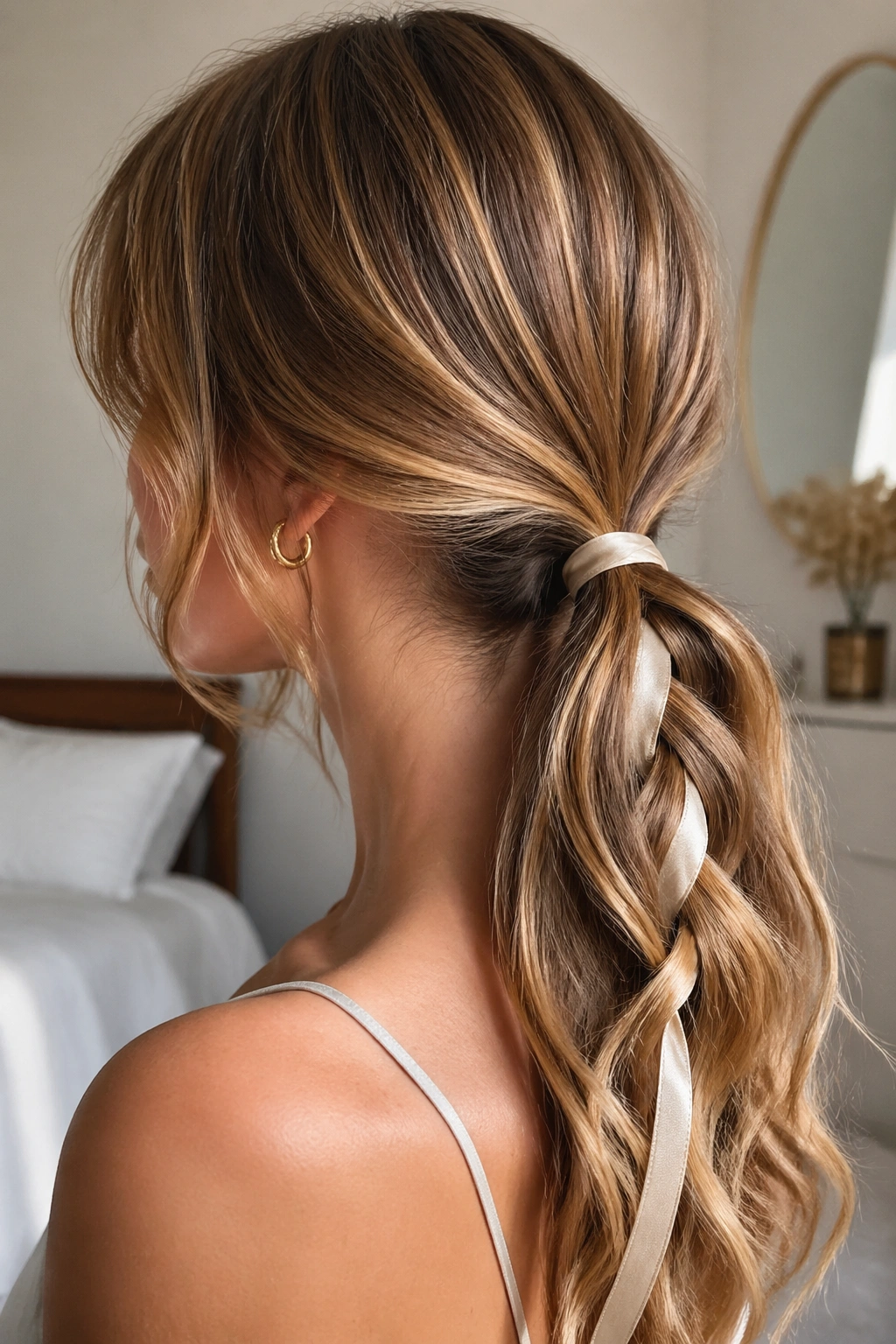 Close-up of a real woman with a low ponytail braided and ribbon woven through it