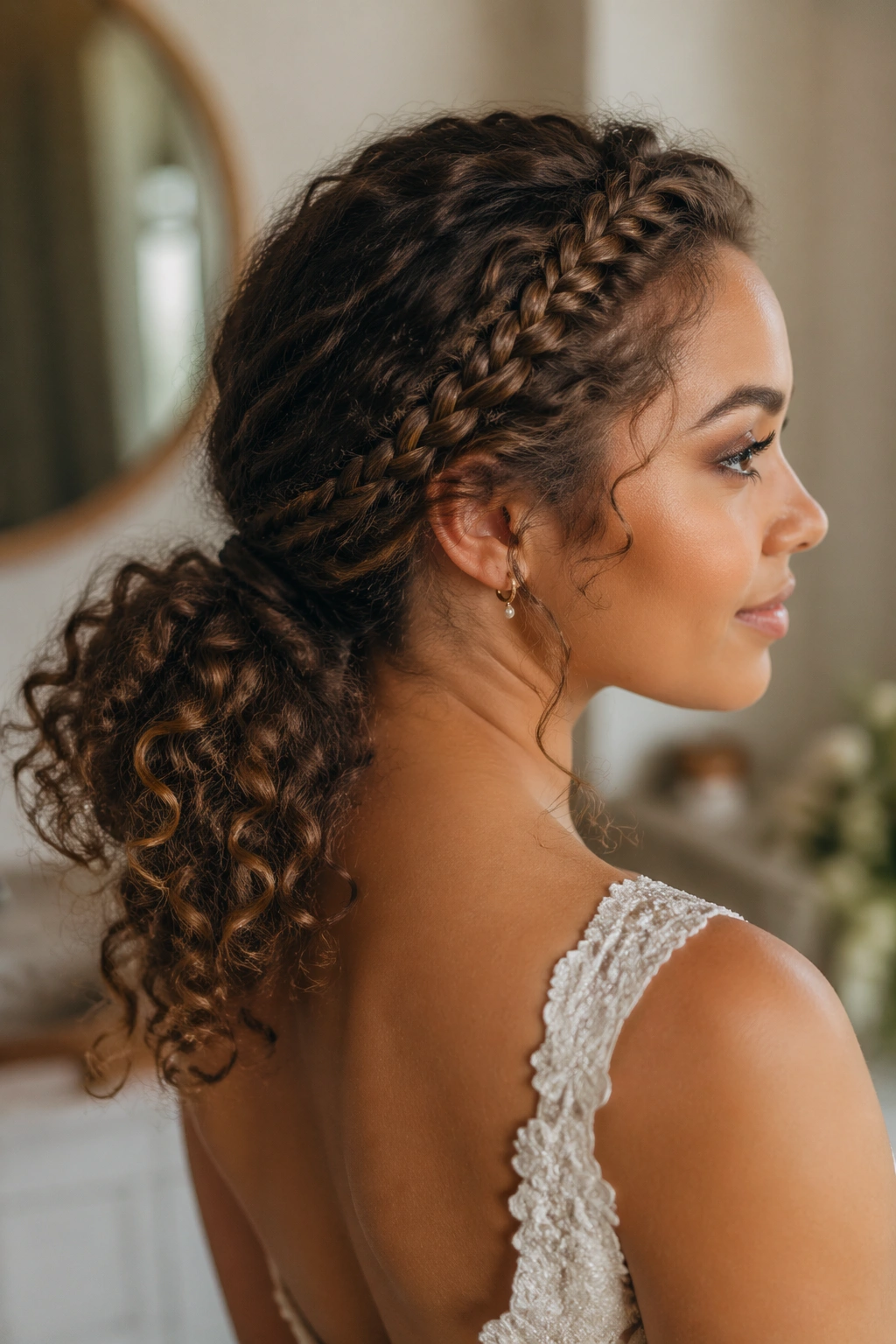 Close-up of real bride showing a low ponytail braided accent in a bridal dressing room.