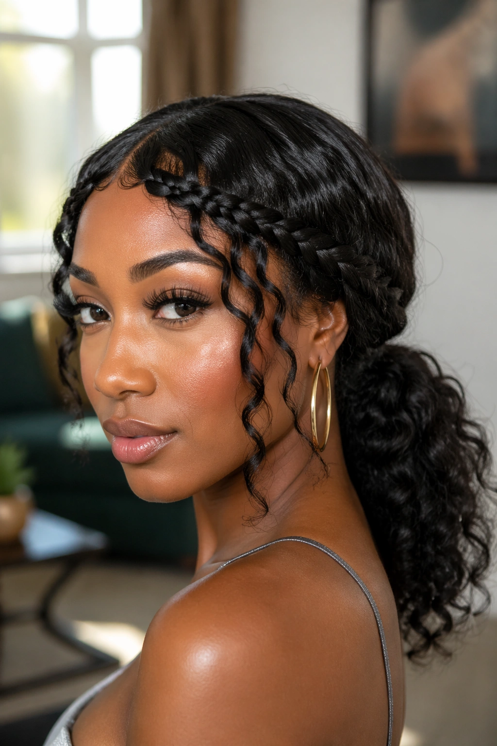 Close-up portrait of a real woman with braided bangs and a low ponytail at the nape