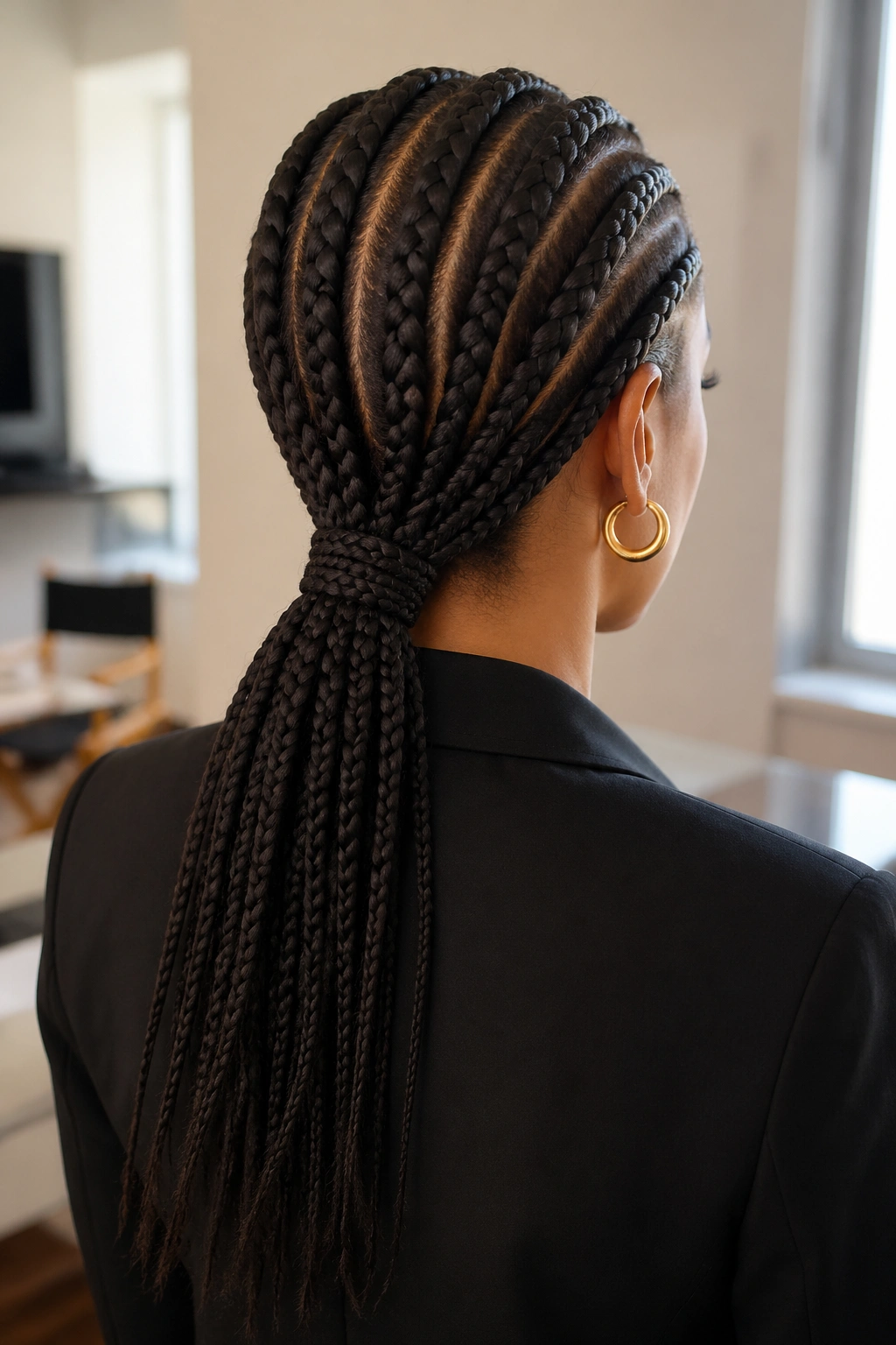 Close-up of a real woman with eight low ponytail cornrows