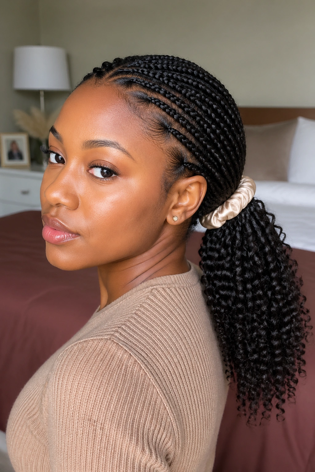 Portrait of a woman with mini braids in a low ponytail