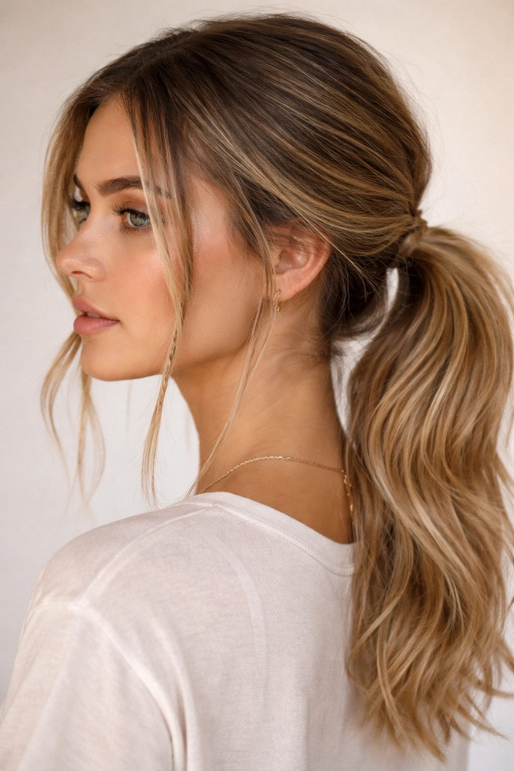 Close-up of a low ponytail with two face-framing braids ending near the ears.