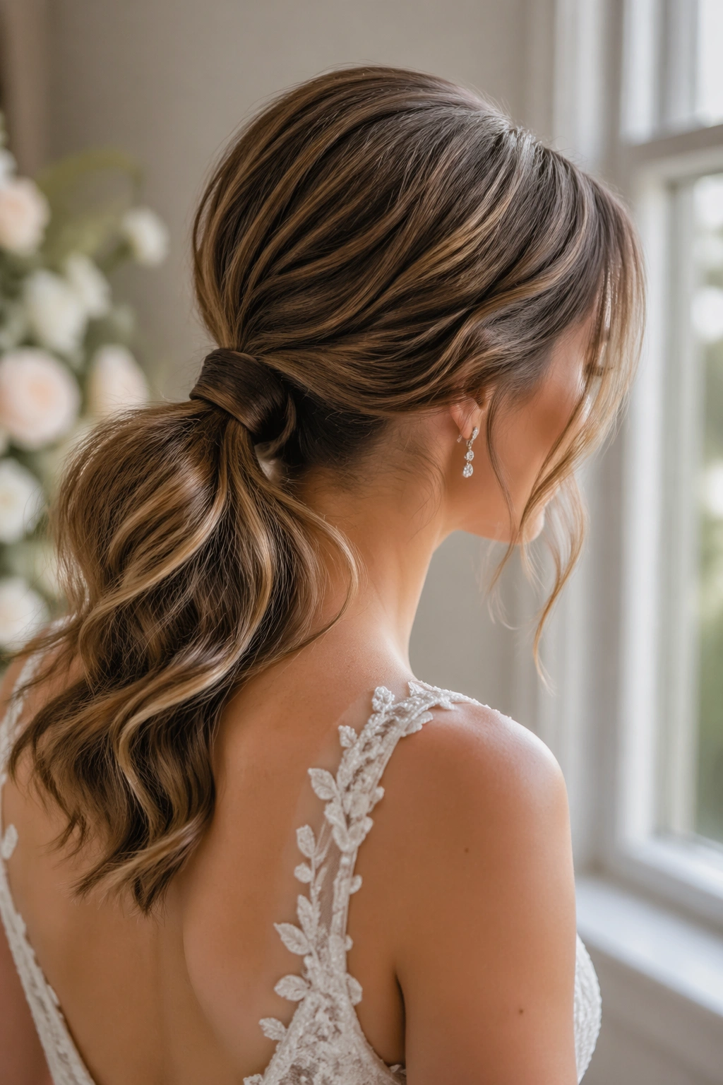 Close-up of a real bride with a low ponytail and brushed-out waves in natural window light