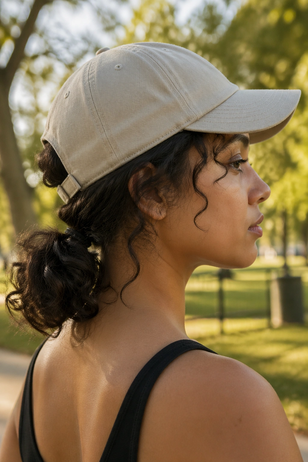 Real woman with low ponytail through cap back opening in an outdoor park