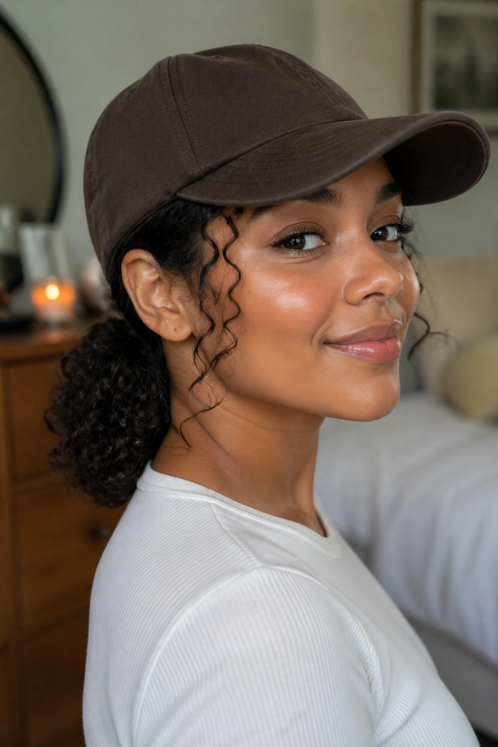Close-up portrait of a real person with low ponytail under a cap