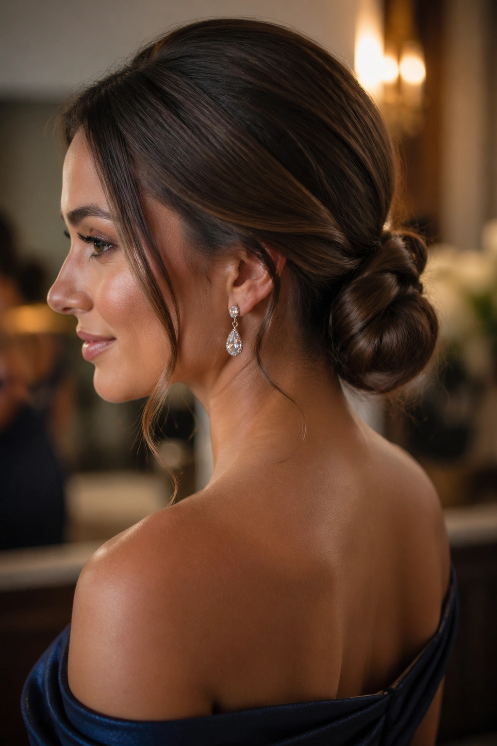 Close-up of a real woman with Low Ponytail Chignon Hybrid knot at the nape