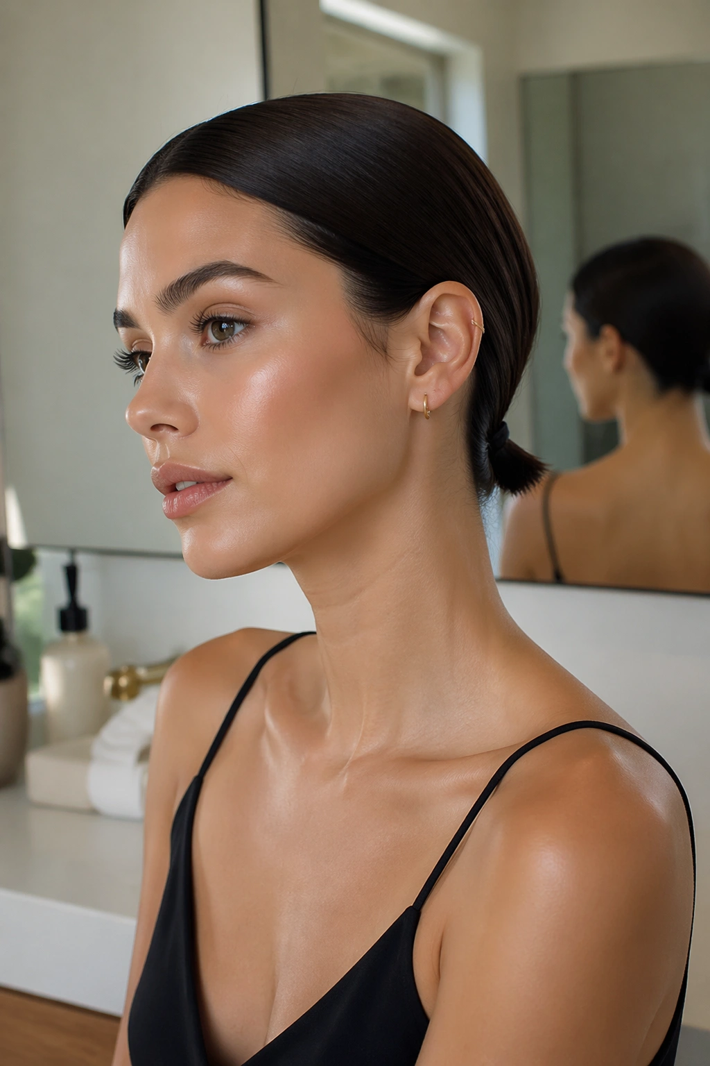 Close-up of a woman with a sleek low micro ponytail at the nape of the neck on a chin-length bob, natural light.