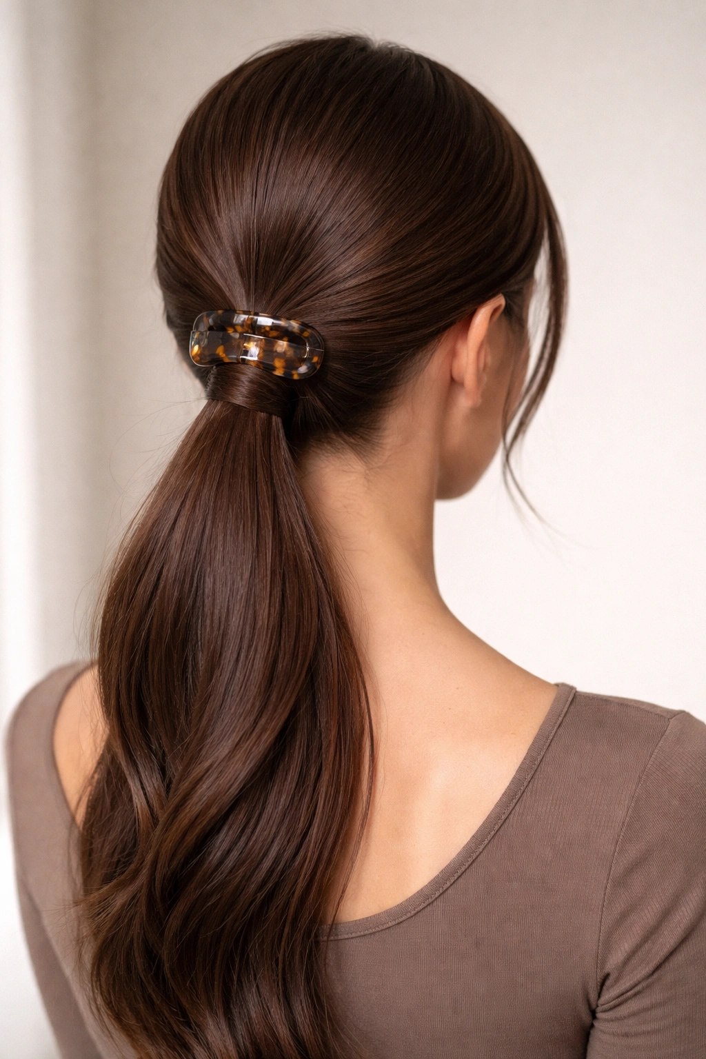 Sleek low claw clip ponytail at the nape with smooth hair and minimal flyaways