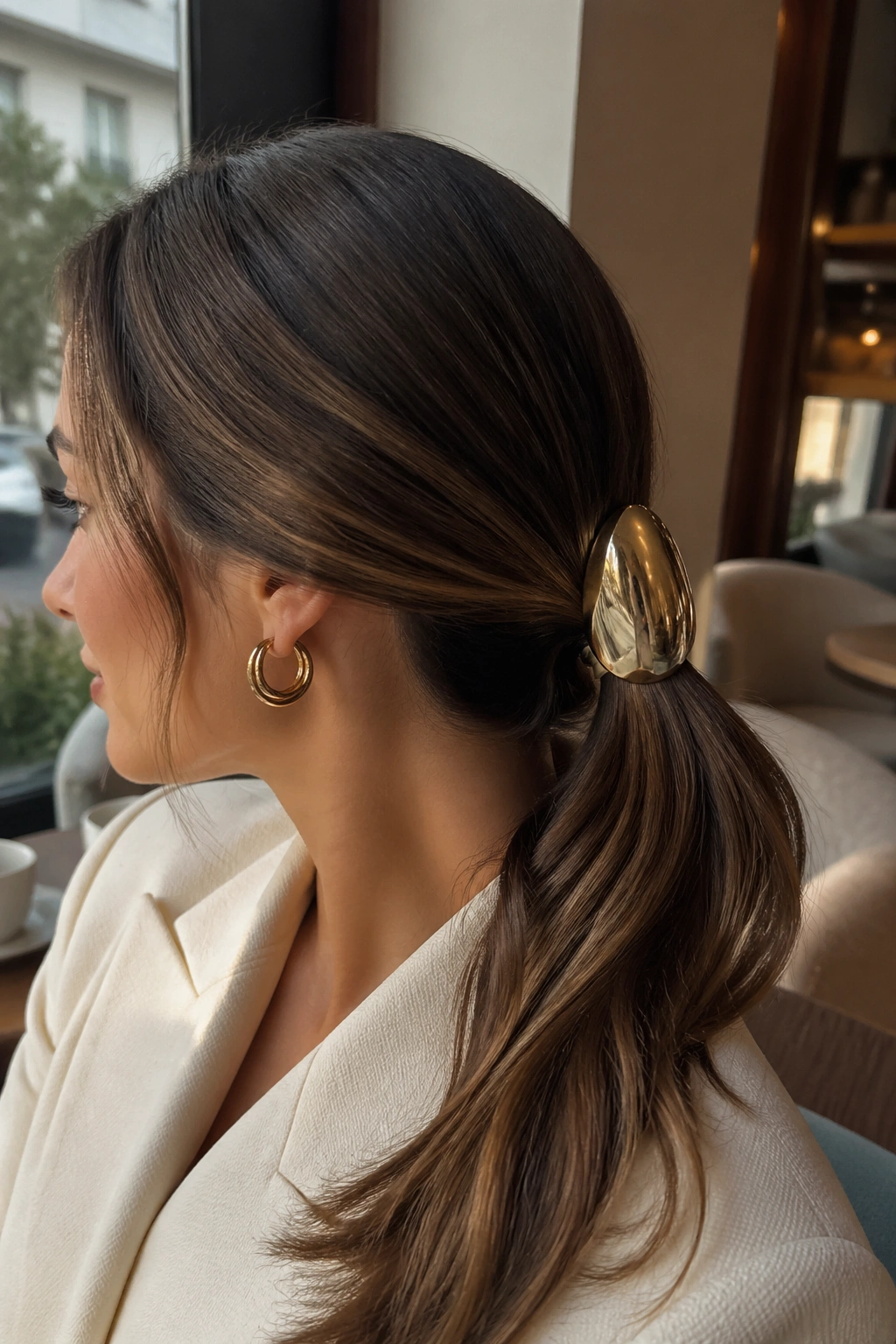Close-up of a real woman with low ponytail and oversized clip