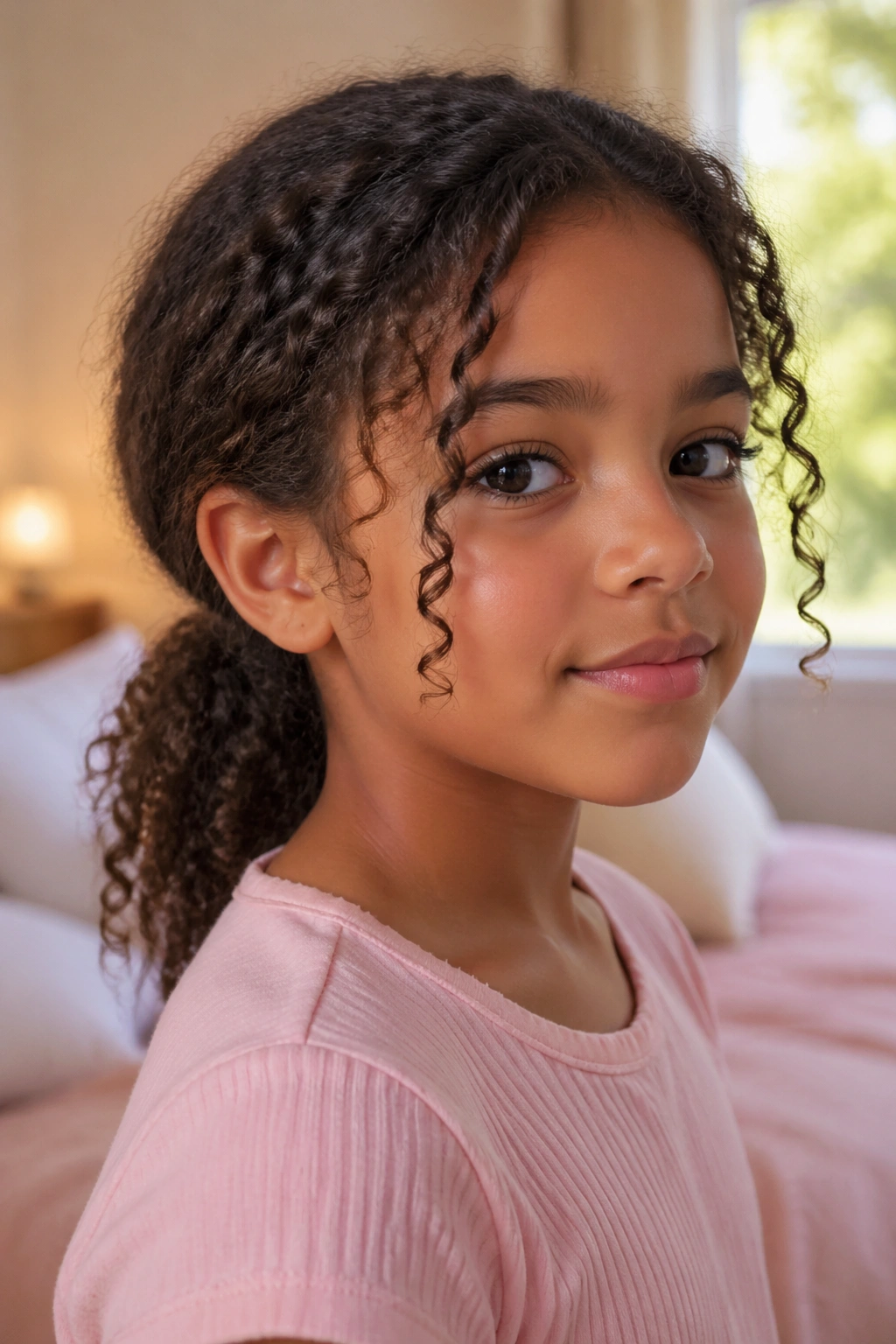 Close-up of a child with face-framing coils and a low ponytail.