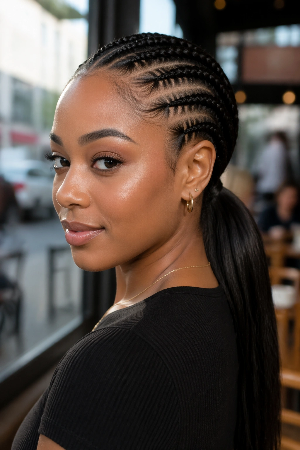 Close-up of a woman with a low ponytail created from feed-in cornrows at the nape.