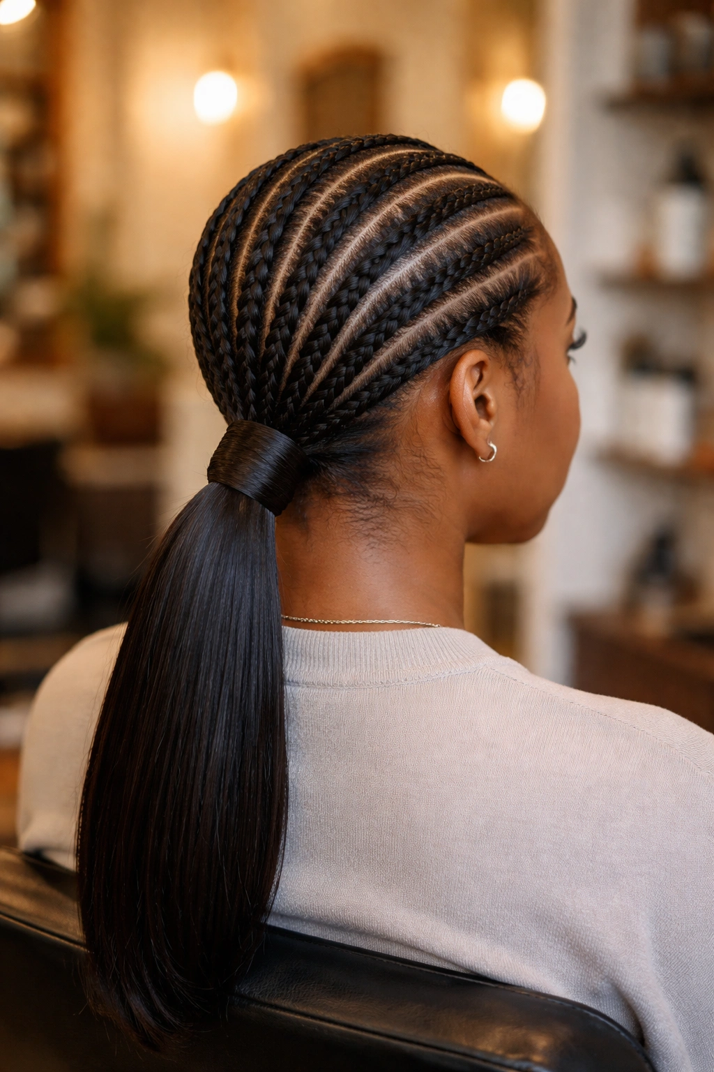 Rear portrait of a real person with straight-back cornrows forming a low ponytail