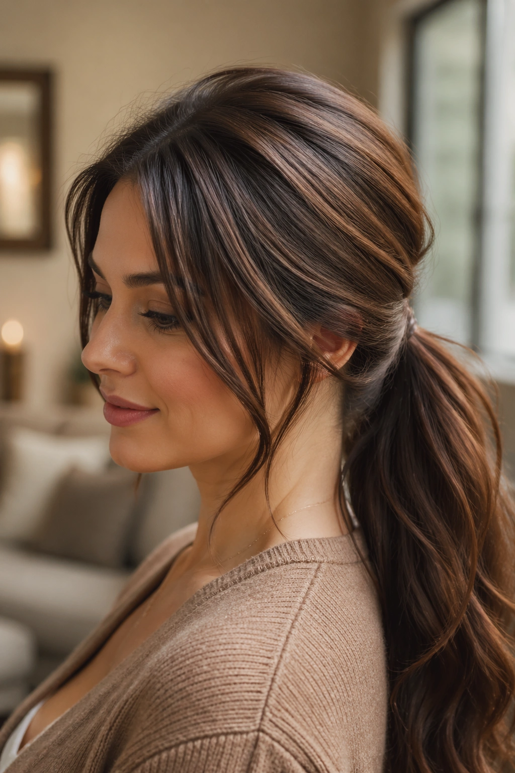 Close-up of a real woman with a low ponytail and soft crown volume in brown hair.
