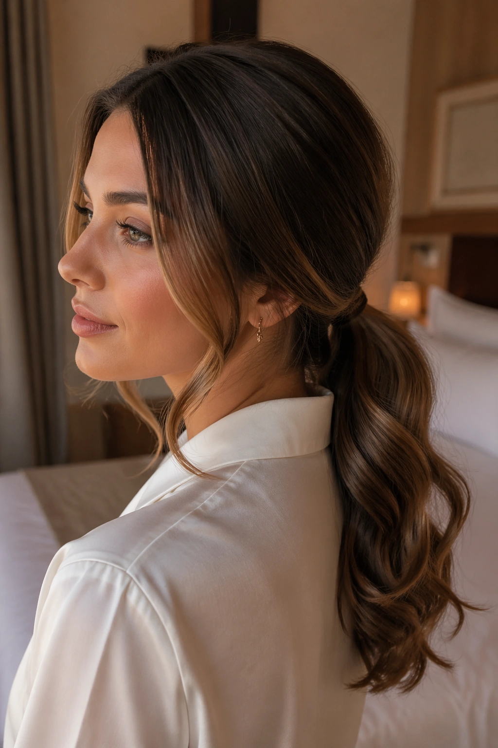 Close-up of a woman with a low ponytail and curled ends