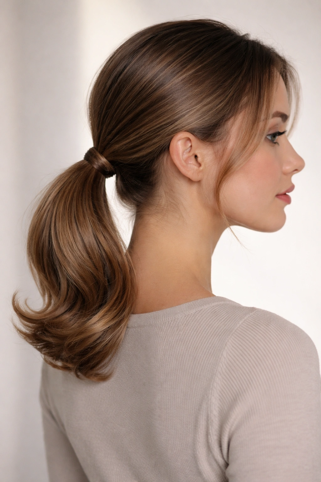 Low ponytail with curled ends for a deliberate finish