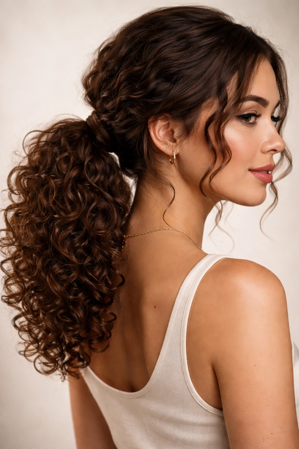 Low curly ponytail with wrapped base at the nape