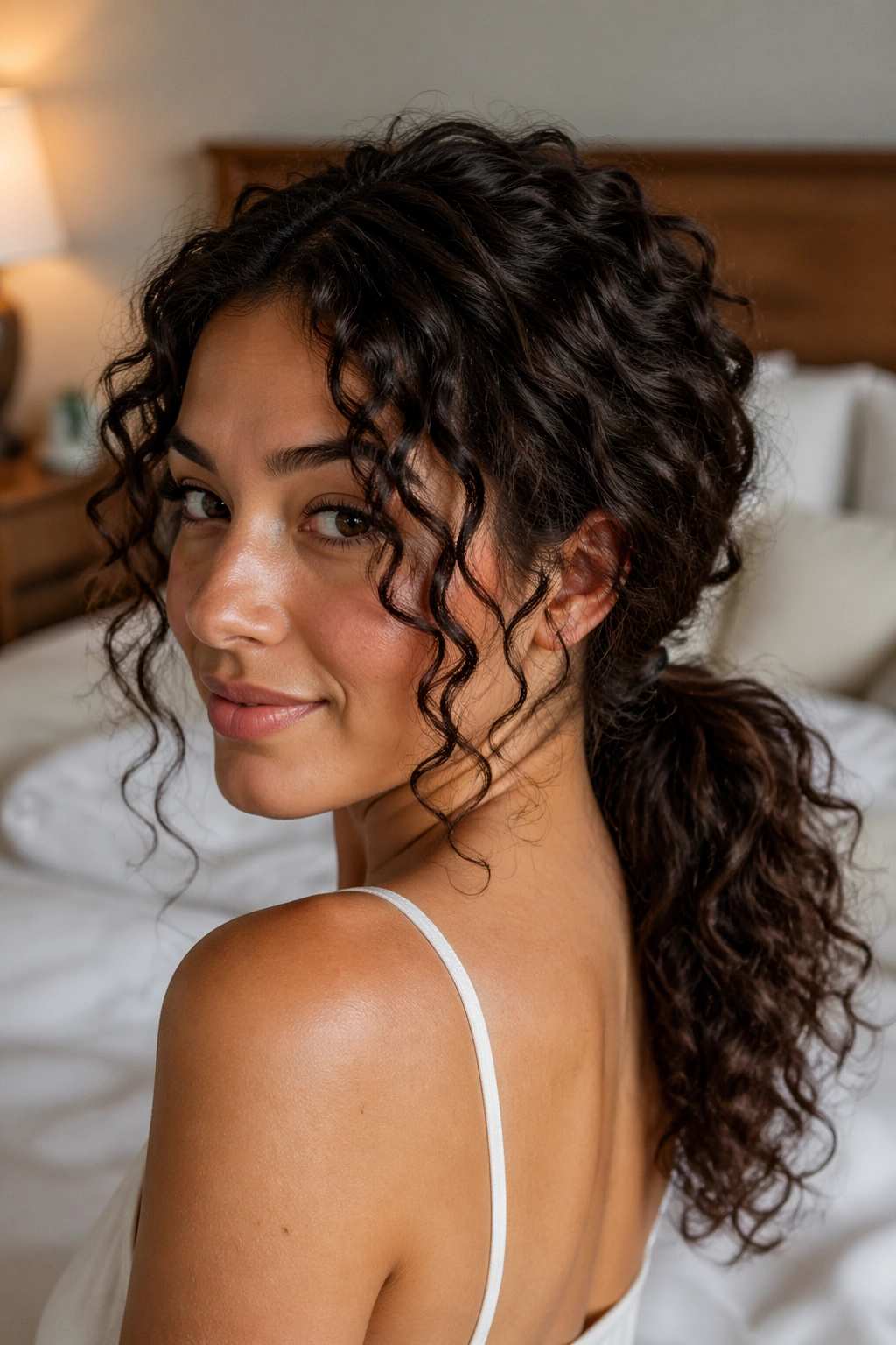 Close-up portrait of a real woman with a low curly ponytail and face-framing layers.