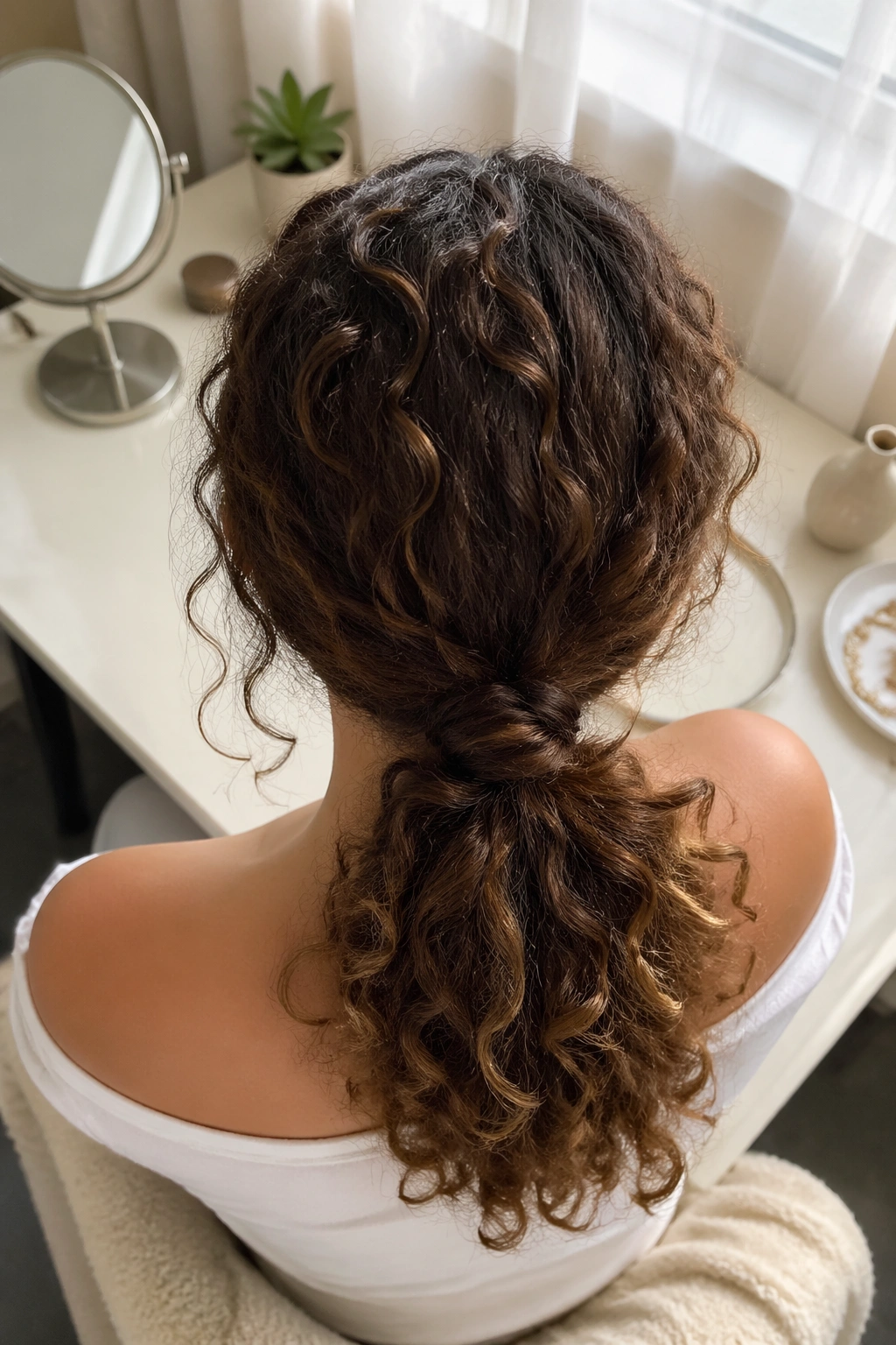 Overhead view of a low curly ponytail at the nape.